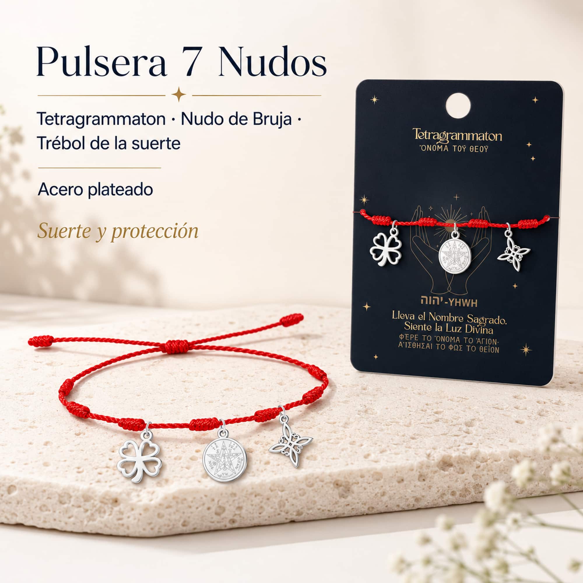 PULSERA 7 NUDOS CON TETRAGRÁMATON  NUDO DE BRUJA Y TRÉBOL DE LA SUERTE ACERO PLATEADO