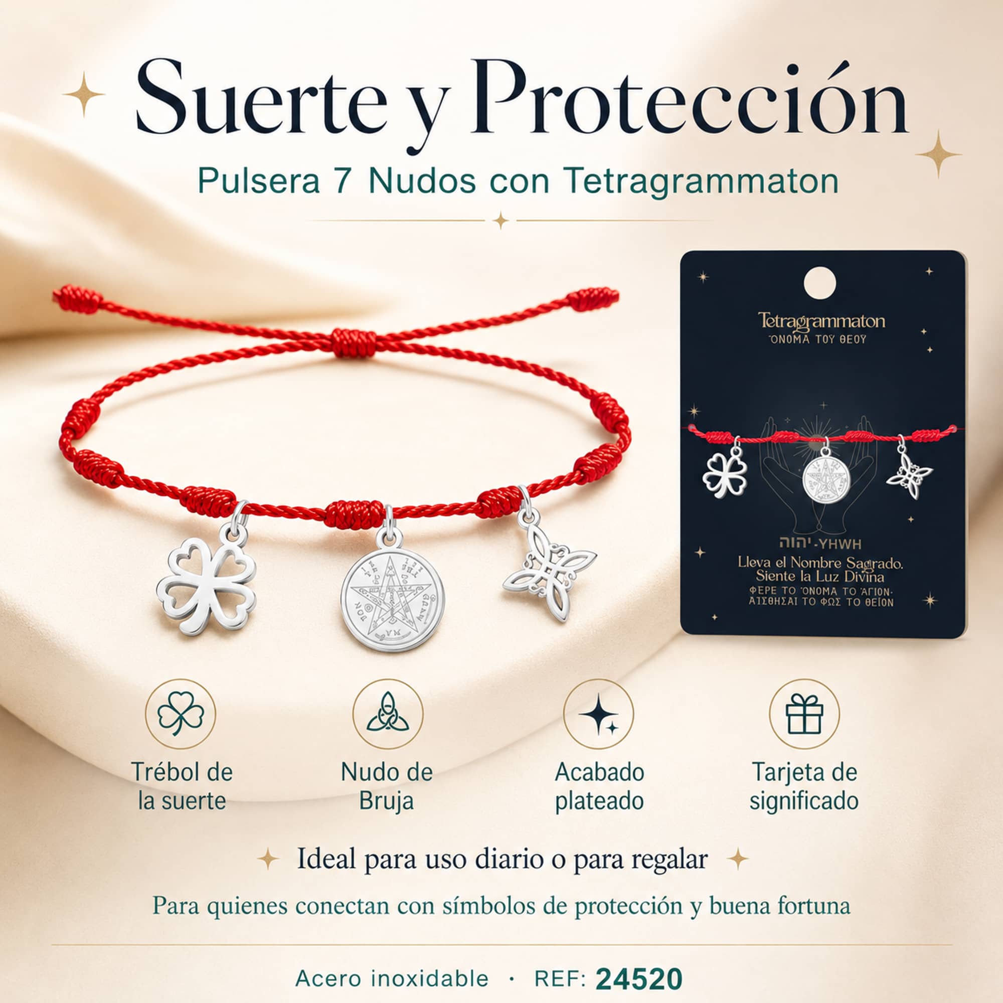 PULSERA 7 NUDOS CON TETRAGRÁMATON  NUDO DE BRUJA Y TRÉBOL DE LA SUERTE ACERO PLATEADO
