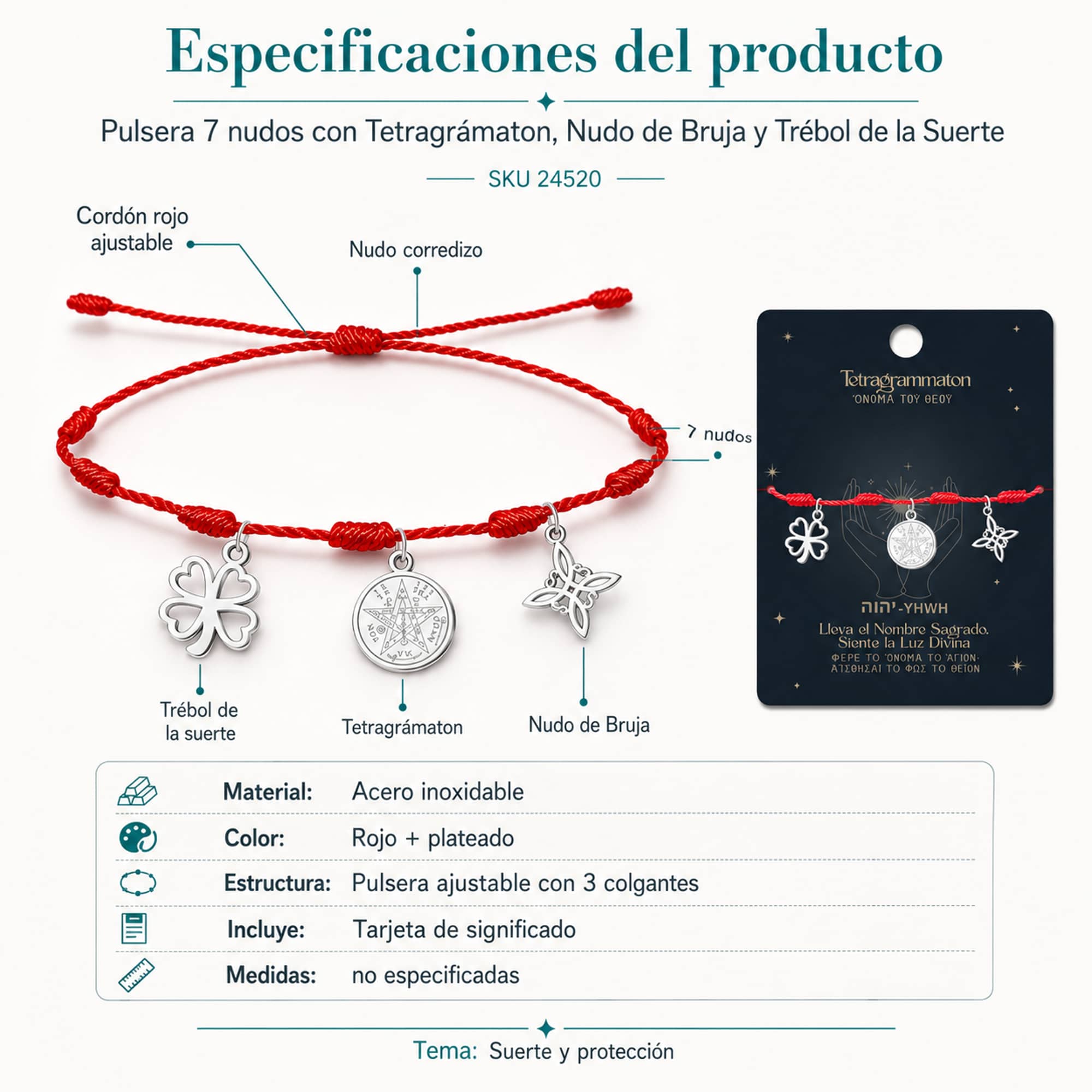 PULSERA 7 NUDOS CON TETRAGRÁMATON  NUDO DE BRUJA Y TRÉBOL DE LA SUERTE ACERO PLATEADO