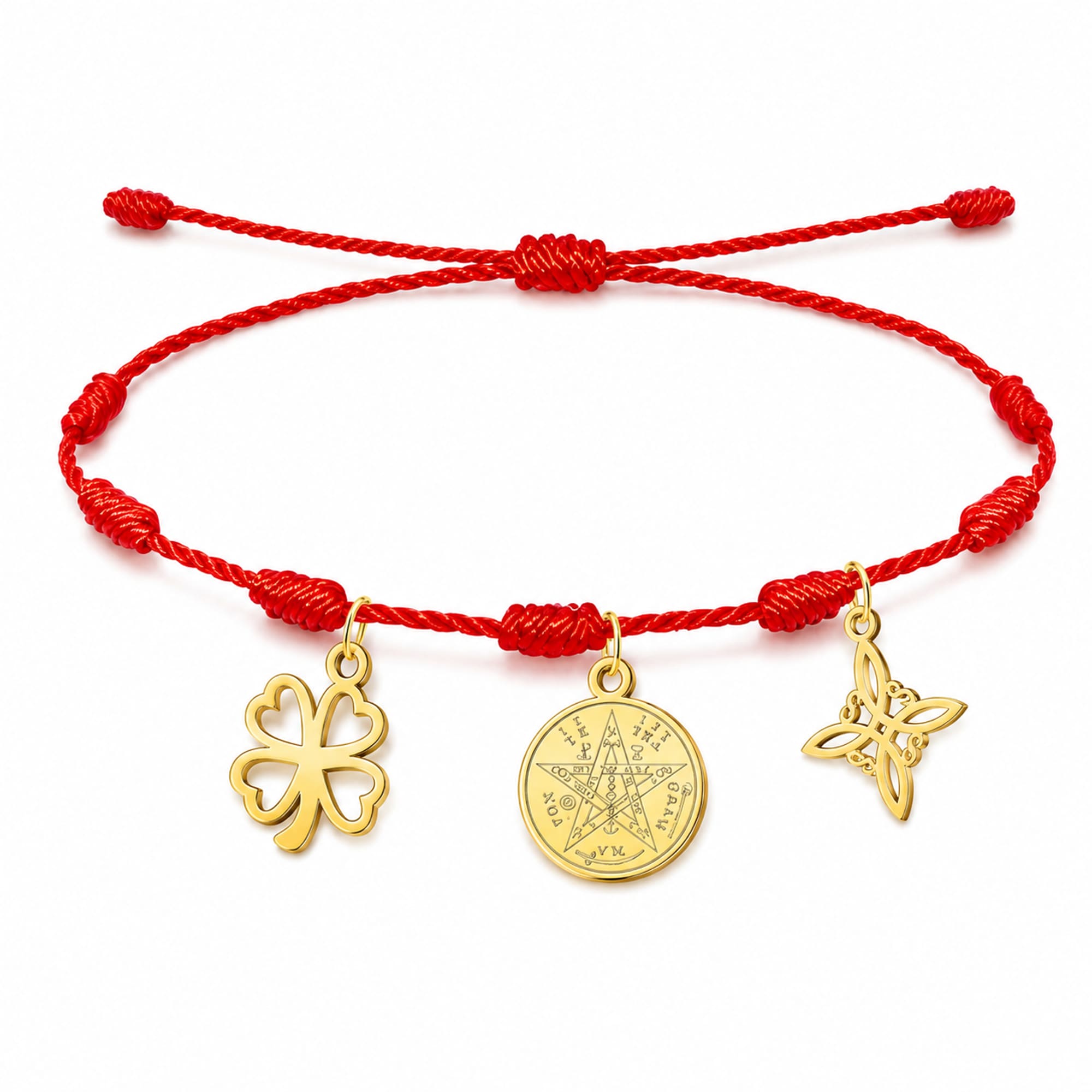PULSERA 7 NUDOS CON TETRAGRÁMATON  NUDO DE BRUJA Y TRÉBOL DE LA SUERTE ACERO DORADO
