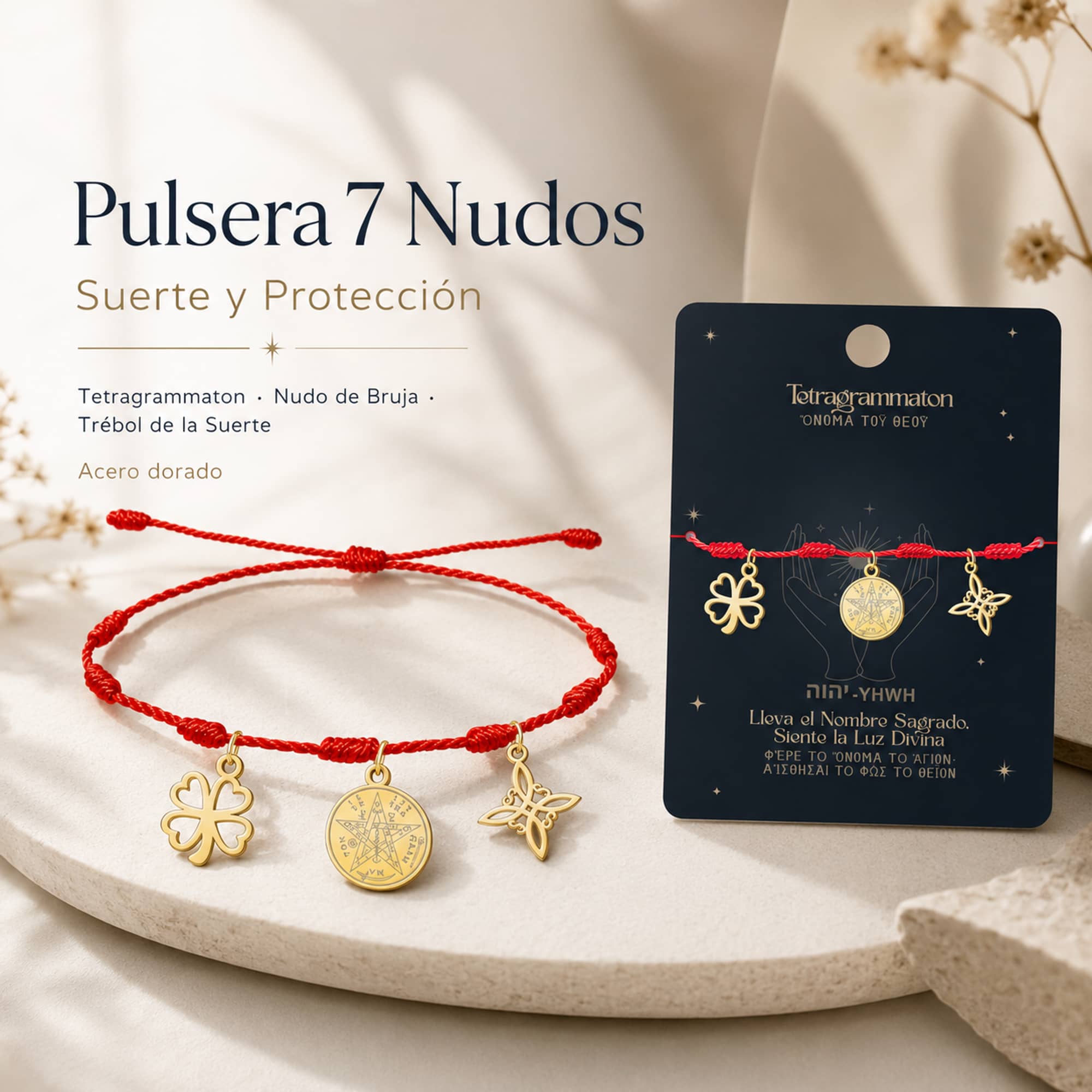 PULSERA 7 NUDOS CON TETRAGRÁMATON  NUDO DE BRUJA Y TRÉBOL DE LA SUERTE ACERO DORADO