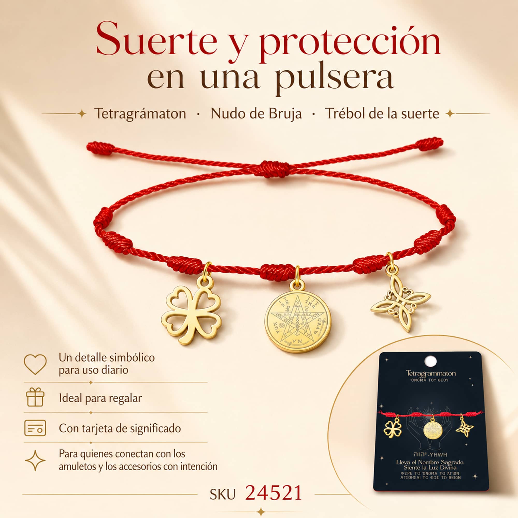 PULSERA 7 NUDOS CON TETRAGRÁMATON  NUDO DE BRUJA Y TRÉBOL DE LA SUERTE ACERO DORADO