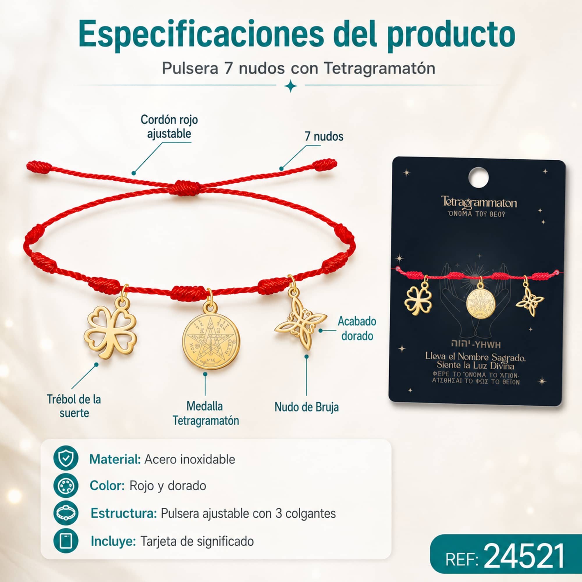 PULSERA 7 NUDOS CON TETRAGRÁMATON  NUDO DE BRUJA Y TRÉBOL DE LA SUERTE ACERO DORADO