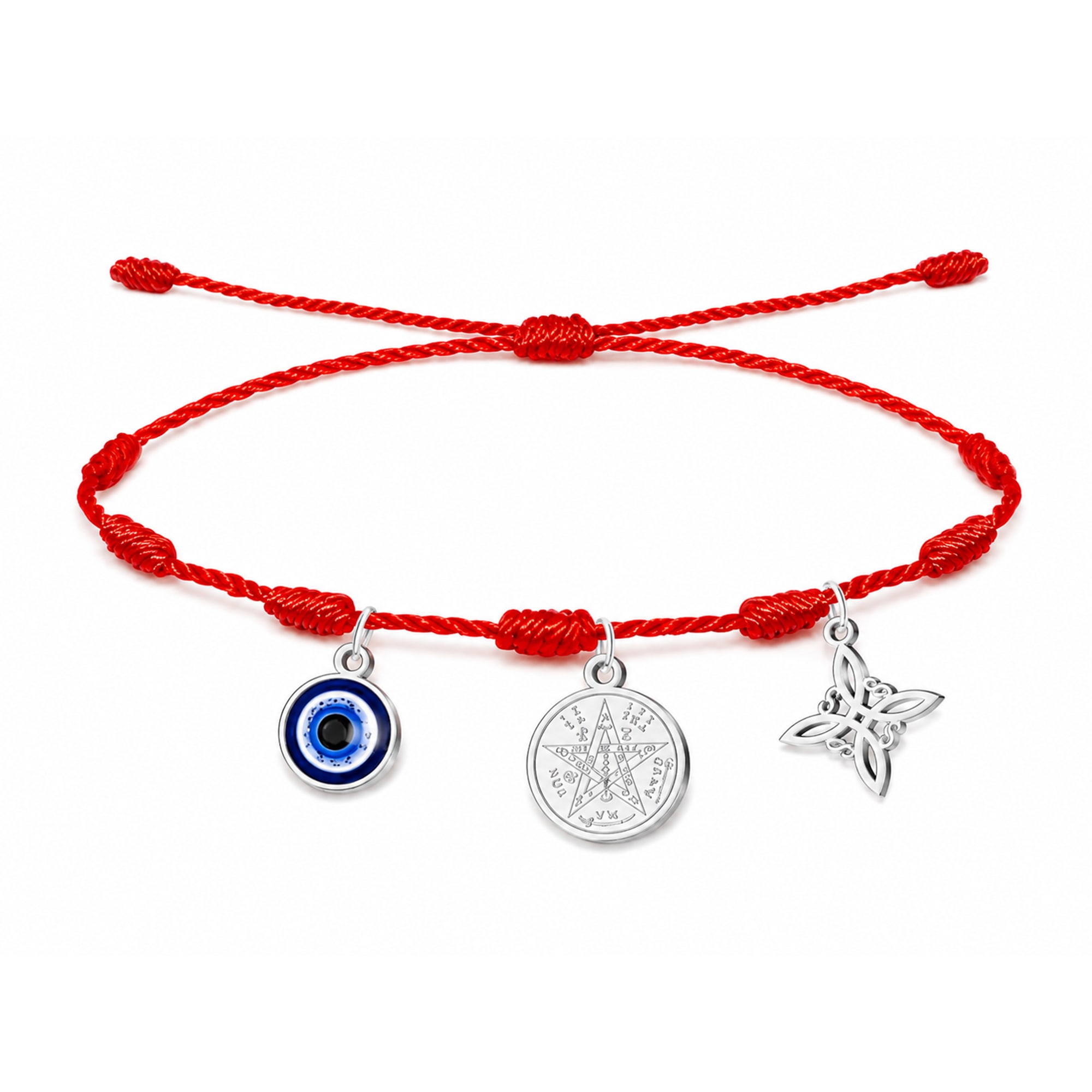 PULSERA 7 NUDOS CON TETRAGRÁMATON  NUDO DE BRUJA Y OJO TURCO ACERO PLATEADO