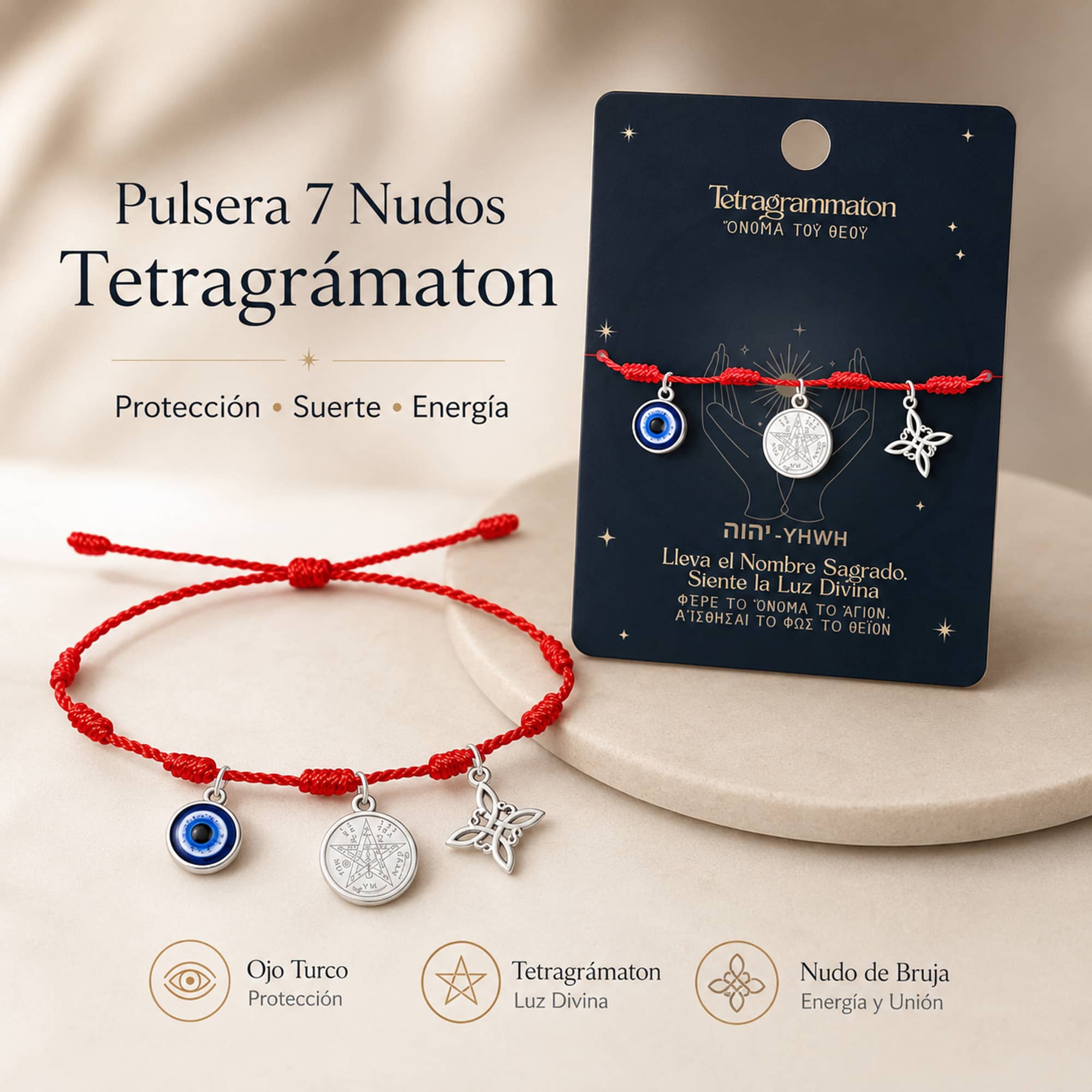PULSERA 7 NUDOS CON TETRAGRÁMATON  NUDO DE BRUJA Y OJO TURCO ACERO PLATEADO