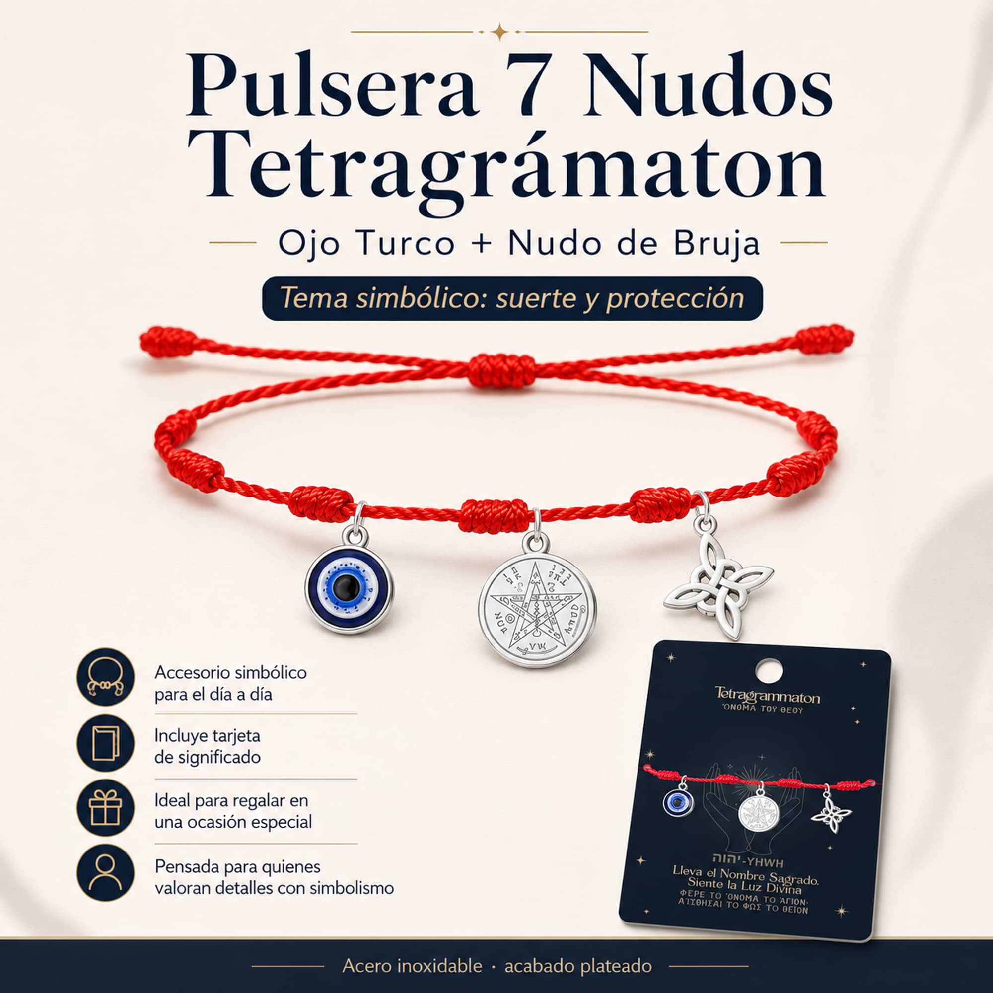 PULSERA 7 NUDOS CON TETRAGRÁMATON  NUDO DE BRUJA Y OJO TURCO ACERO PLATEADO