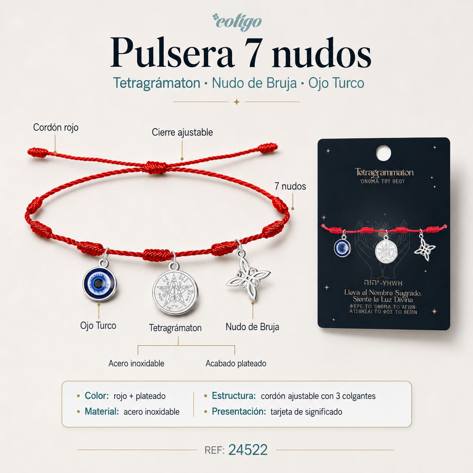 PULSERA 7 NUDOS CON TETRAGRÁMATON  NUDO DE BRUJA Y OJO TURCO ACERO PLATEADO