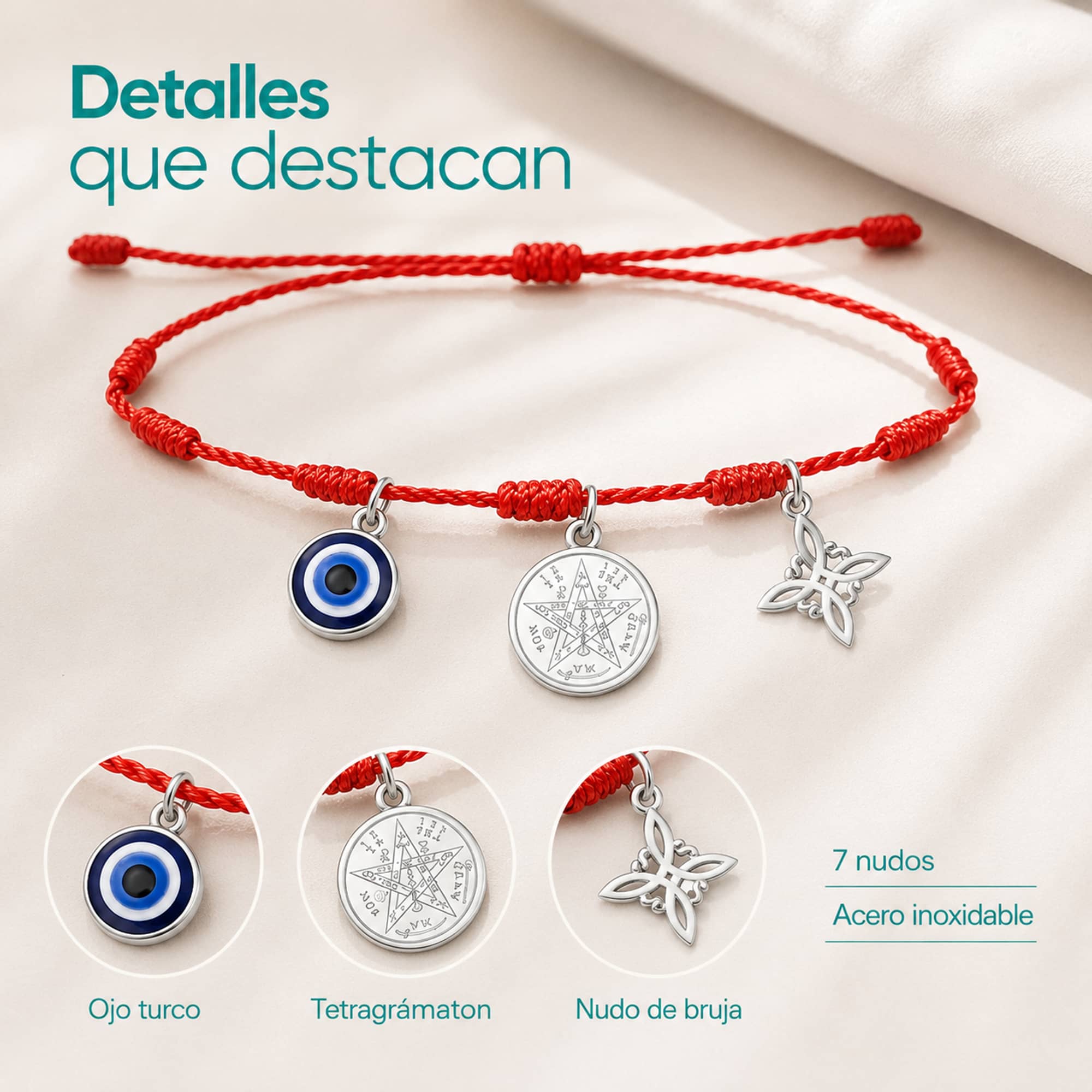 PULSERA 7 NUDOS CON TETRAGRÁMATON  NUDO DE BRUJA Y OJO TURCO ACERO PLATEADO