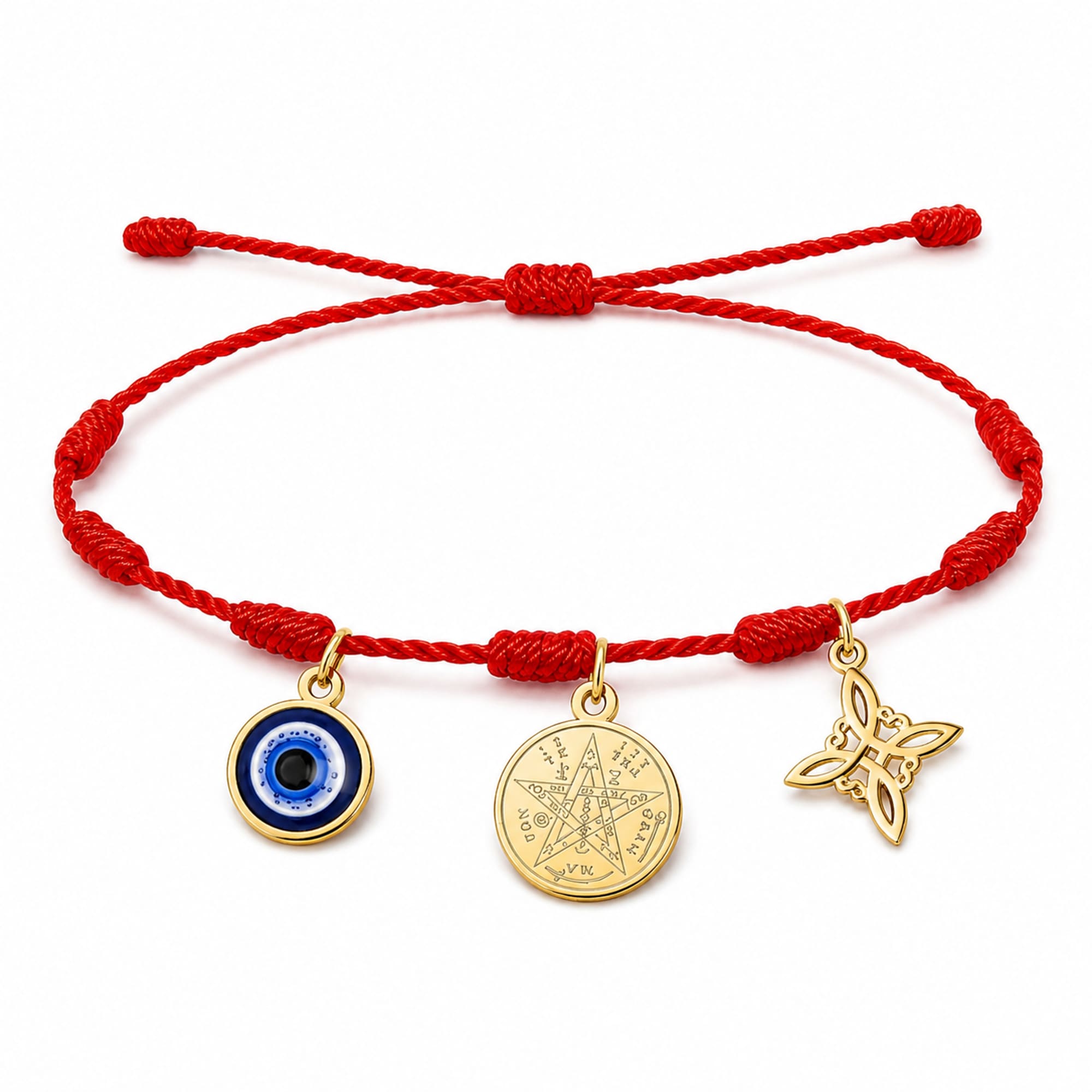 PULSERA 7 NUDOS CON TETRAGRÁMATON  NUDO DE BRUJA Y OJO TURCO ACERO DORADO
