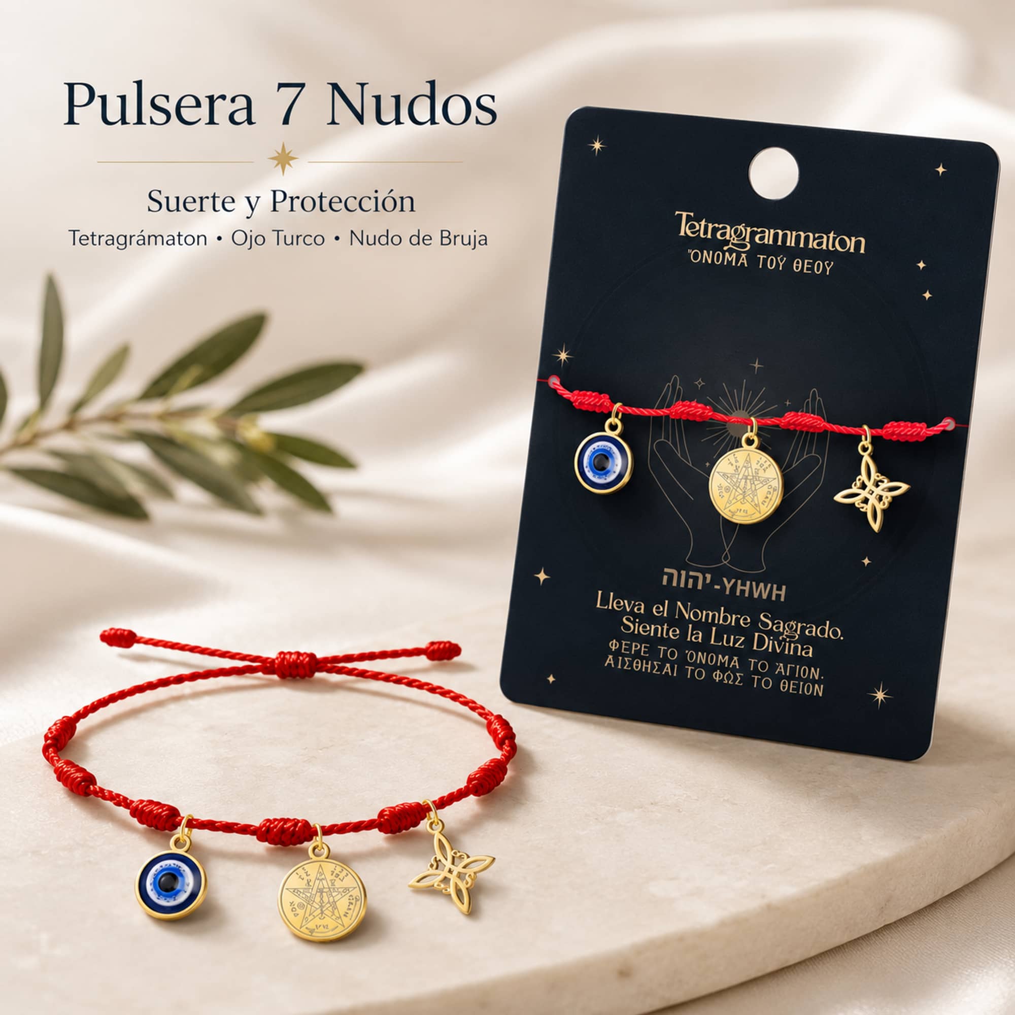 PULSERA 7 NUDOS CON TETRAGRÁMATON  NUDO DE BRUJA Y OJO TURCO ACERO DORADO
