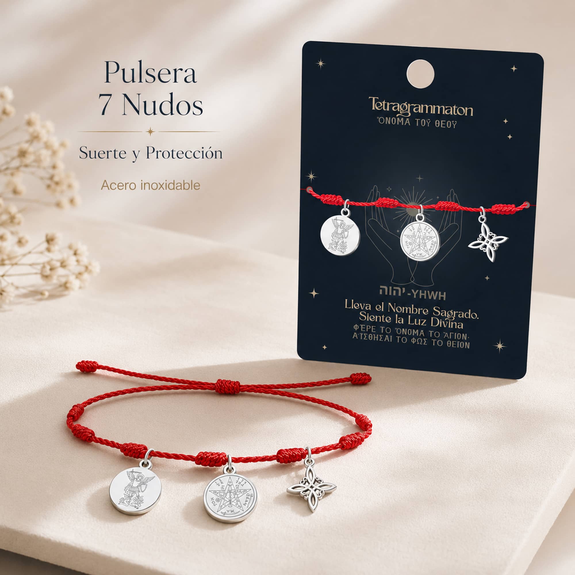 PULSERA 7 NUDOS CON TETRAGRÁMATON  NUDO DE BRUJA Y SAN MIGUEL ARCÁNGEL ACERO PLATEADO