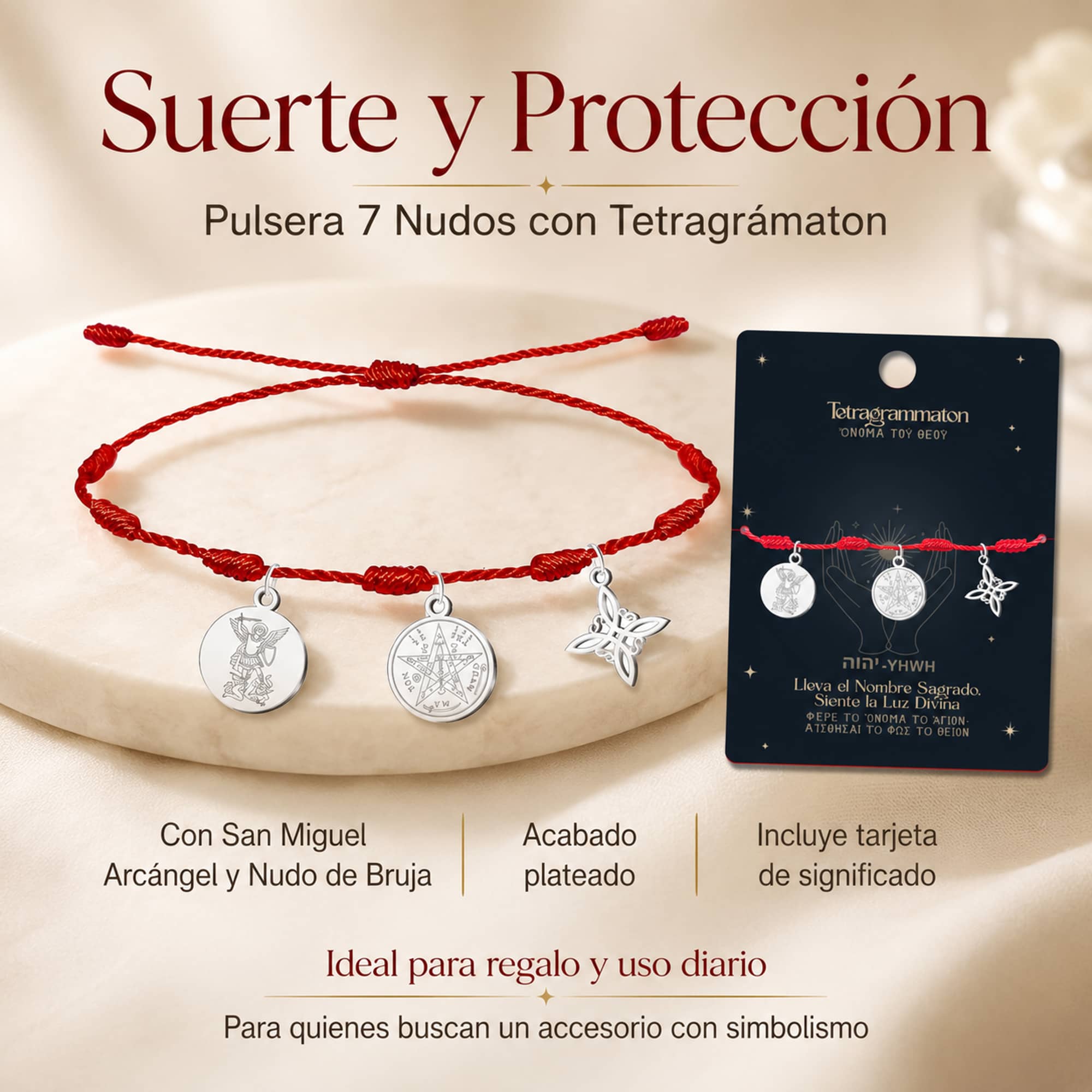 PULSERA 7 NUDOS CON TETRAGRÁMATON  NUDO DE BRUJA Y SAN MIGUEL ARCÁNGEL ACERO PLATEADO