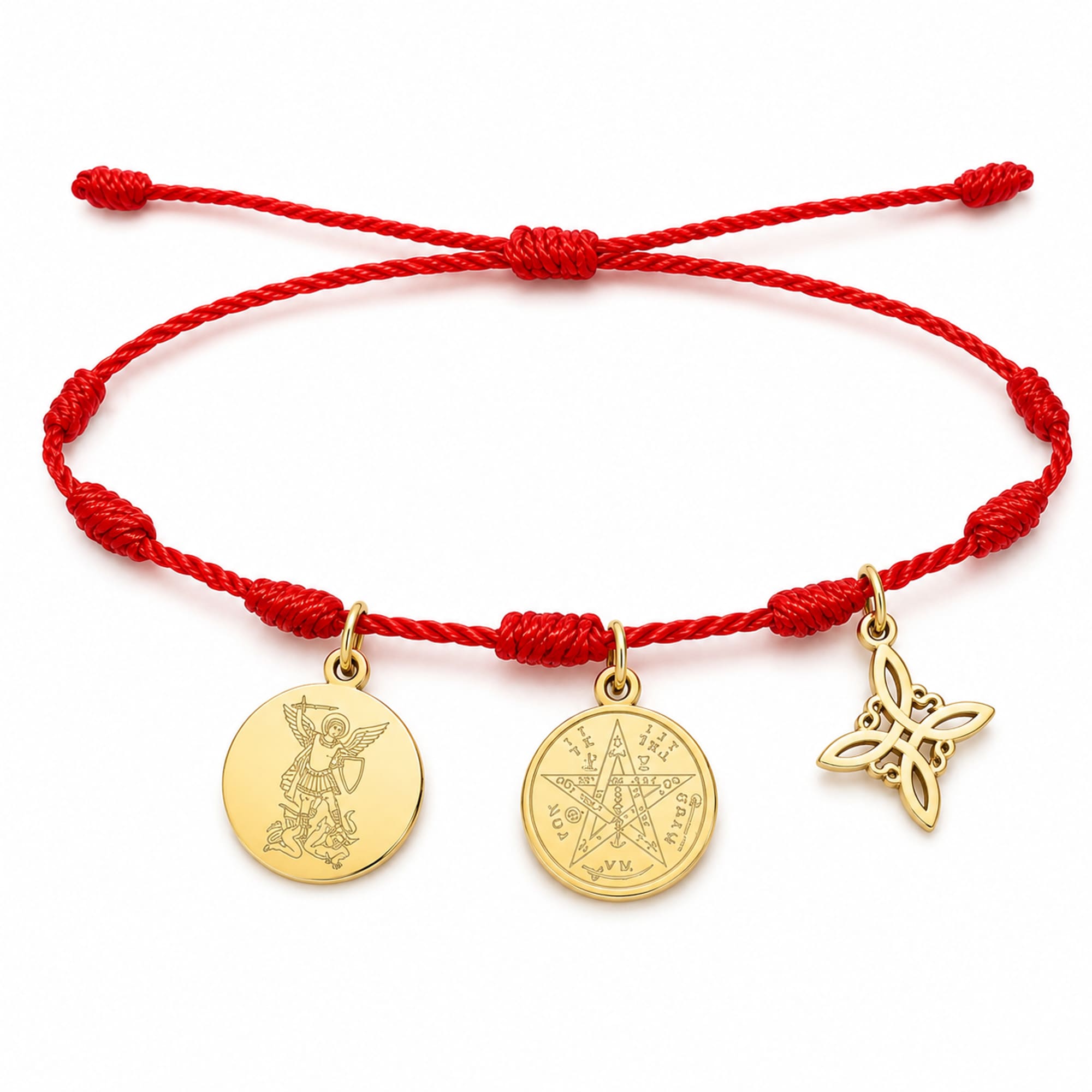 PULSERA 7 NUDOS CON TETRAGRÁMATON  NUDO DE BRUJA Y SAN MIGUEL ARCÁNGEL ACERO DORADO