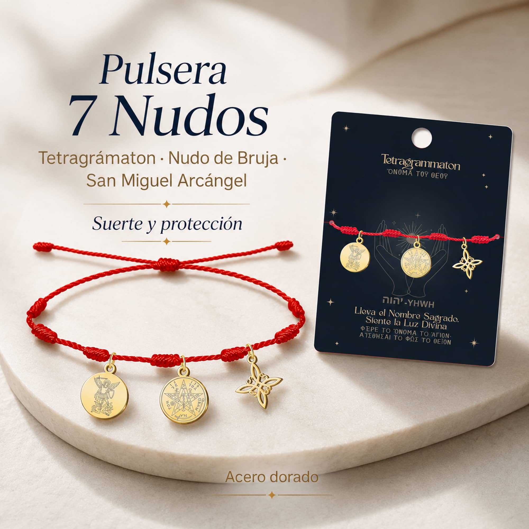 PULSERA 7 NUDOS CON TETRAGRÁMATON  NUDO DE BRUJA Y SAN MIGUEL ARCÁNGEL ACERO DORADO