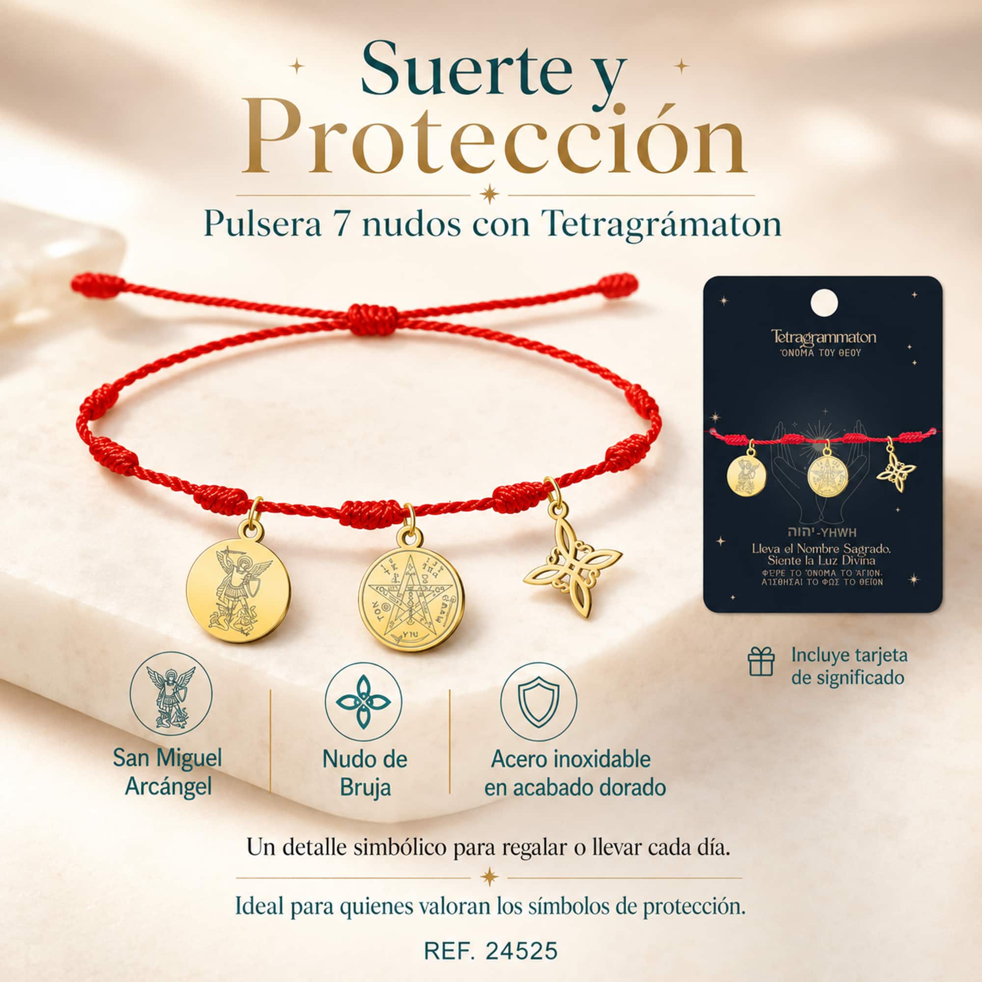 PULSERA 7 NUDOS CON TETRAGRÁMATON  NUDO DE BRUJA Y SAN MIGUEL ARCÁNGEL ACERO DORADO