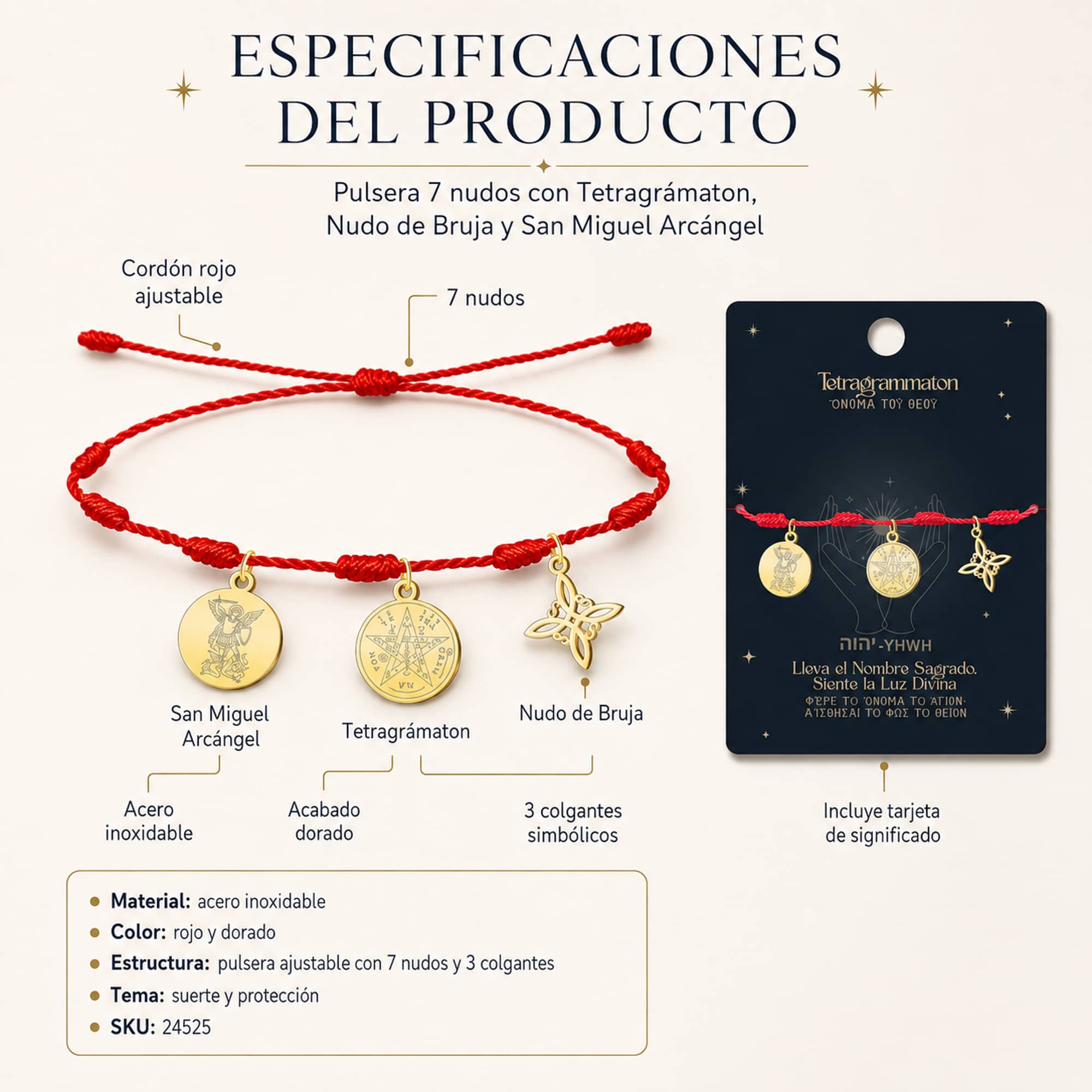 PULSERA 7 NUDOS CON TETRAGRÁMATON  NUDO DE BRUJA Y SAN MIGUEL ARCÁNGEL ACERO DORADO