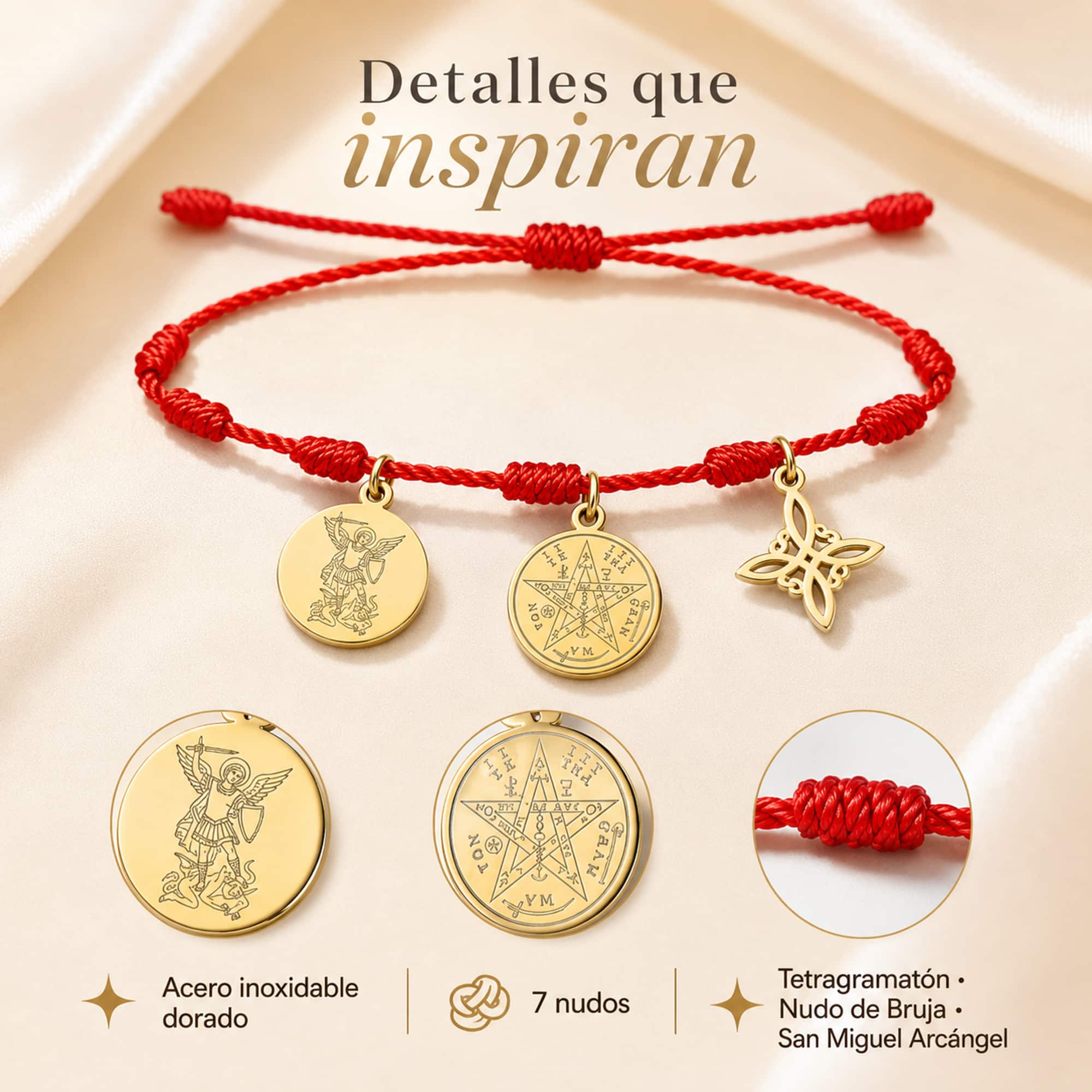 PULSERA 7 NUDOS CON TETRAGRÁMATON  NUDO DE BRUJA Y SAN MIGUEL ARCÁNGEL ACERO DORADO