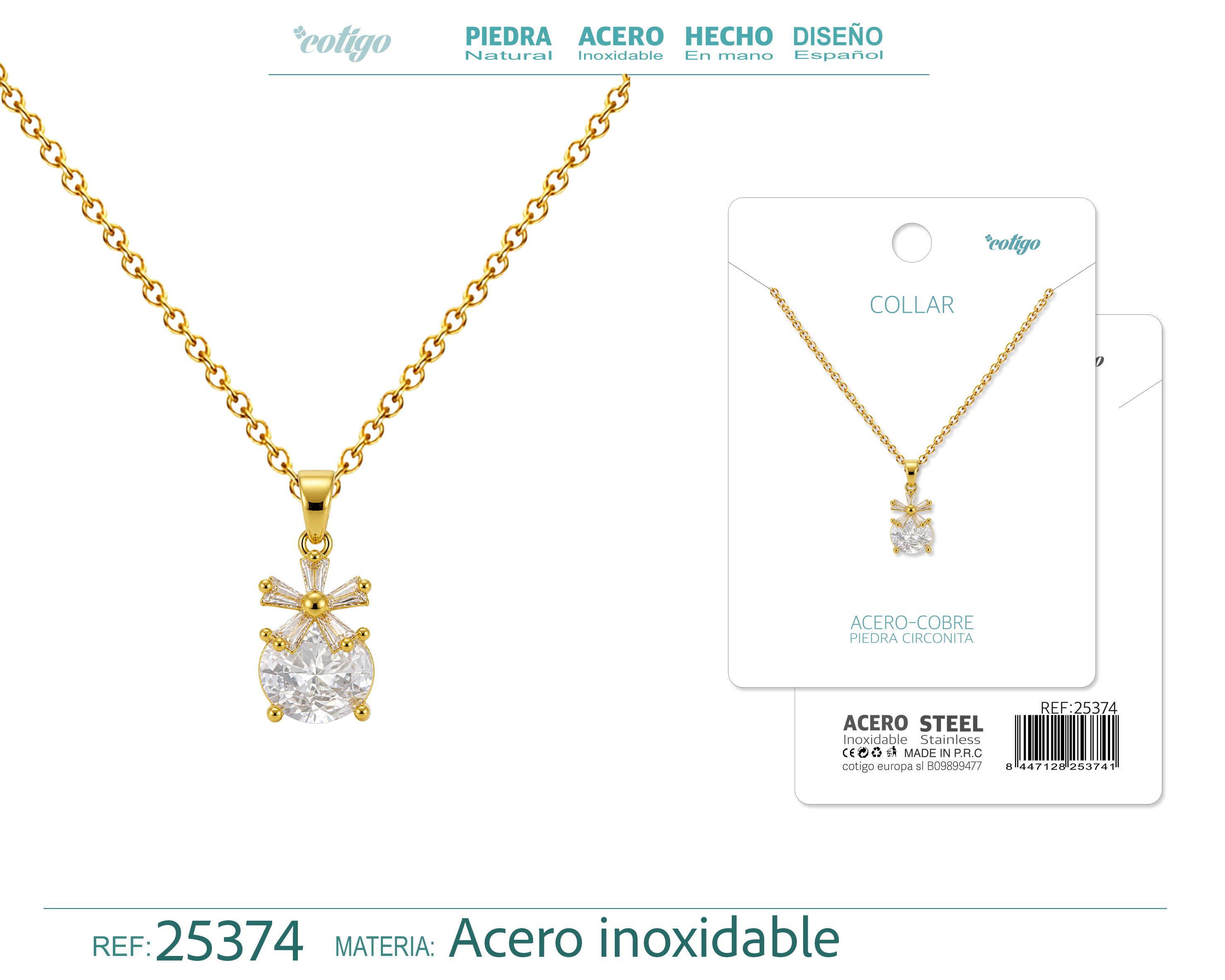 Colgangte Cobre con Circonita Colar Dorado y Cadena Acero