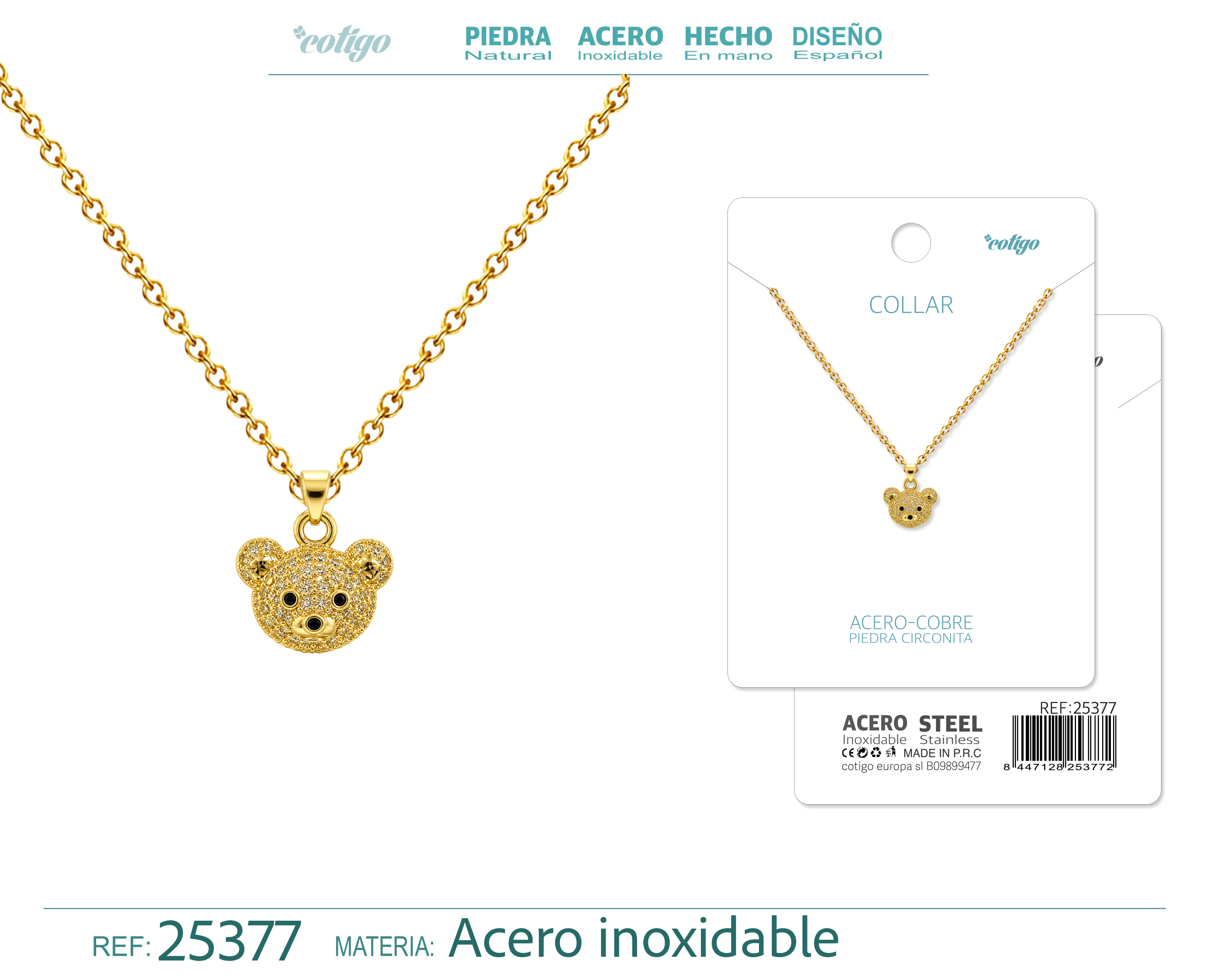 Colgangte Cobre con Circonita Colar Dorado y Cadena Acero