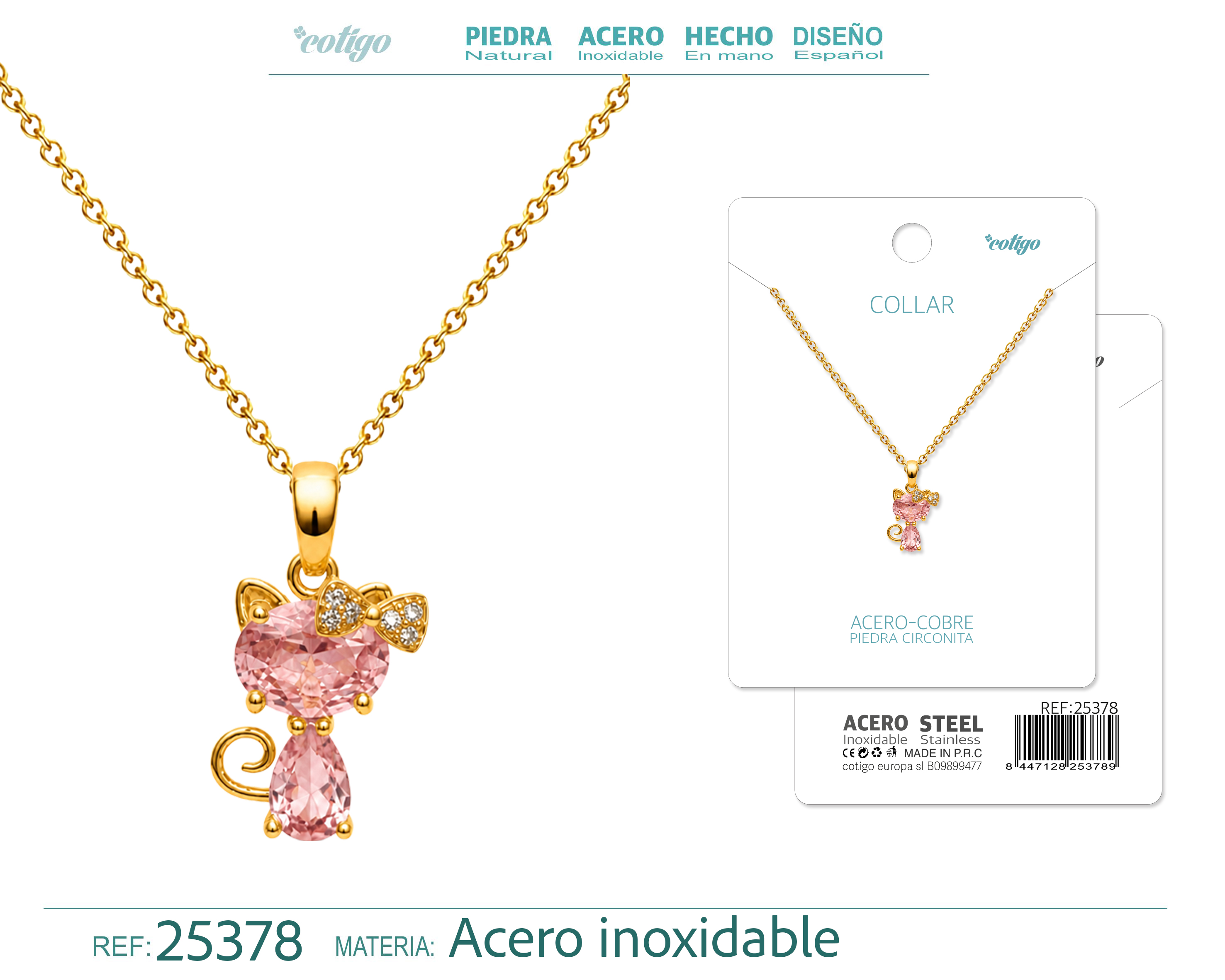 Colgangte Cobre con Circonita Colar Dorado y Cadena Acero