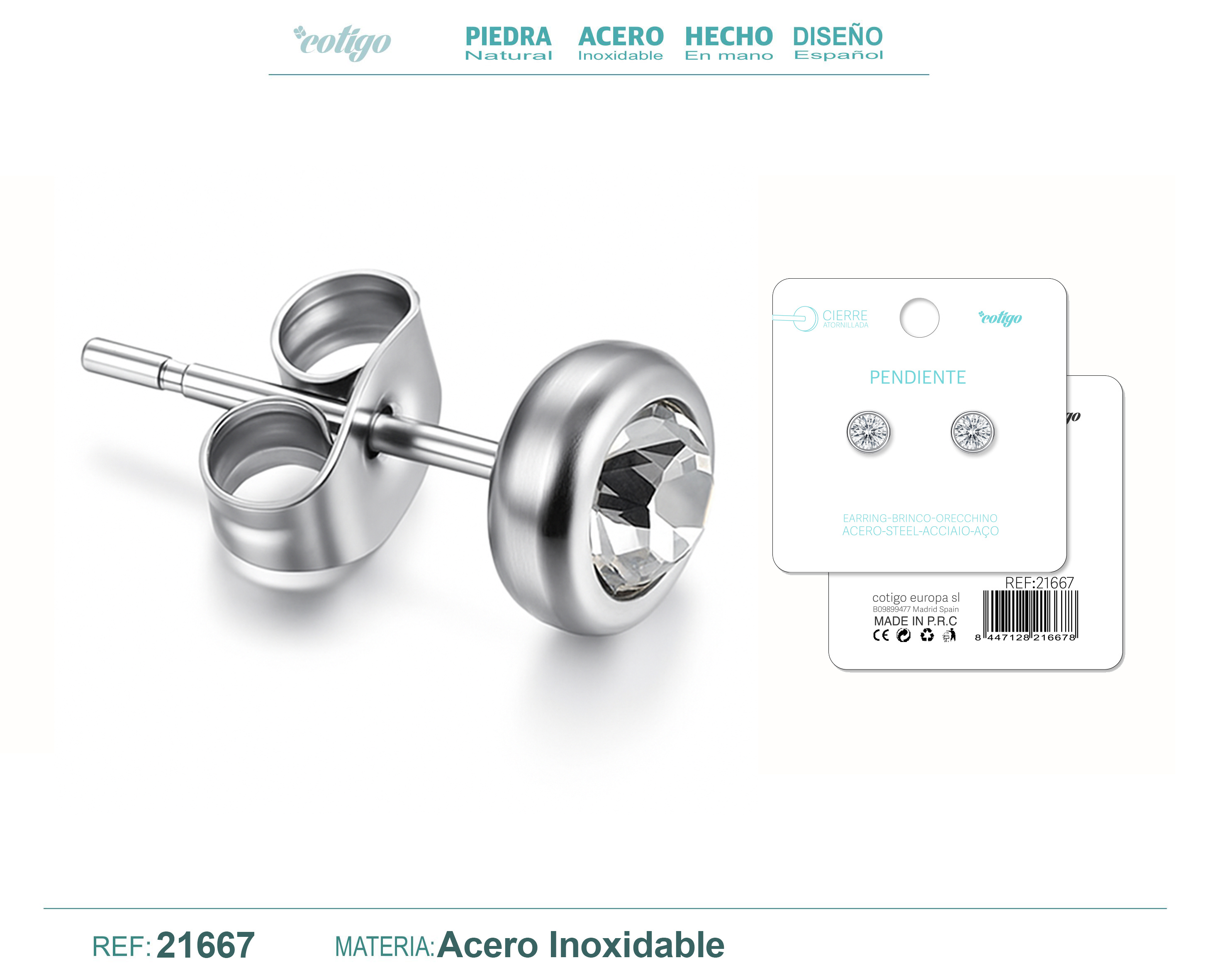 PENDIENTE ACERO  COLOR PLATEADO CON CIERRE ROSCA