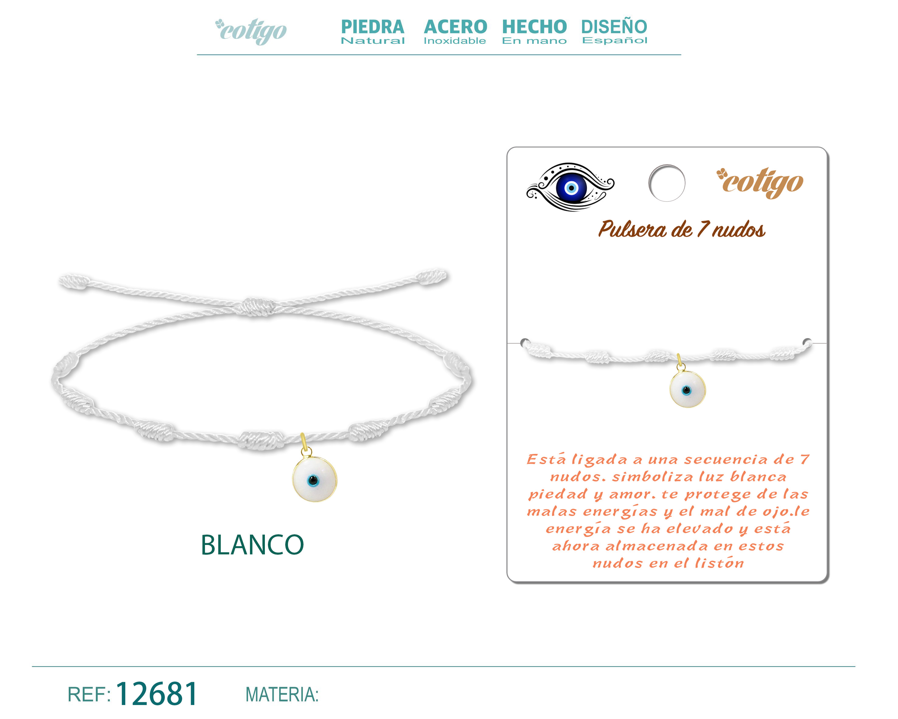 PULSERA 7 NUDOS BLANCO CON COLGANTE DE OJO TURCO