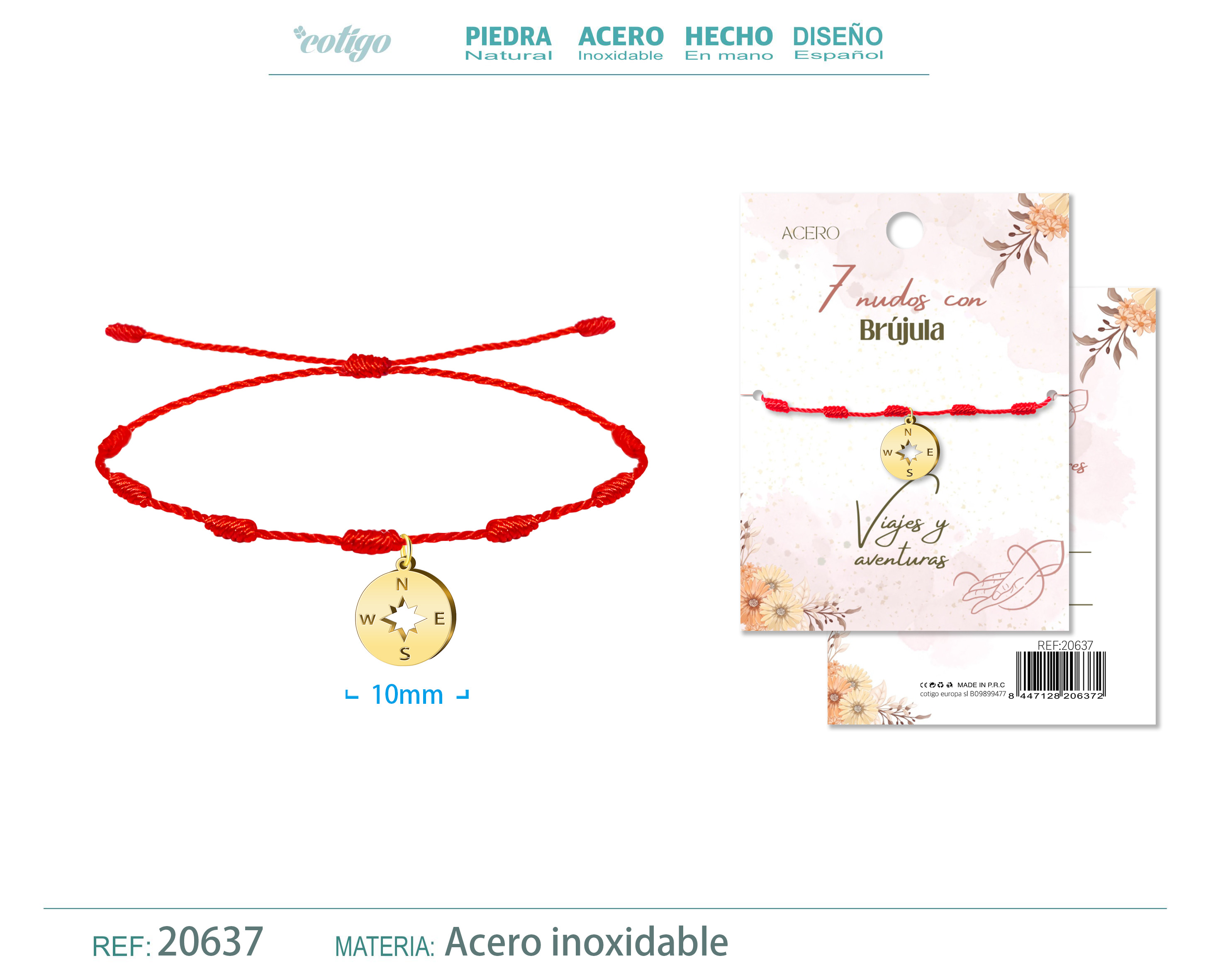 PULSERA 7 NUDOS CON BRUJULA COLOR DORADO