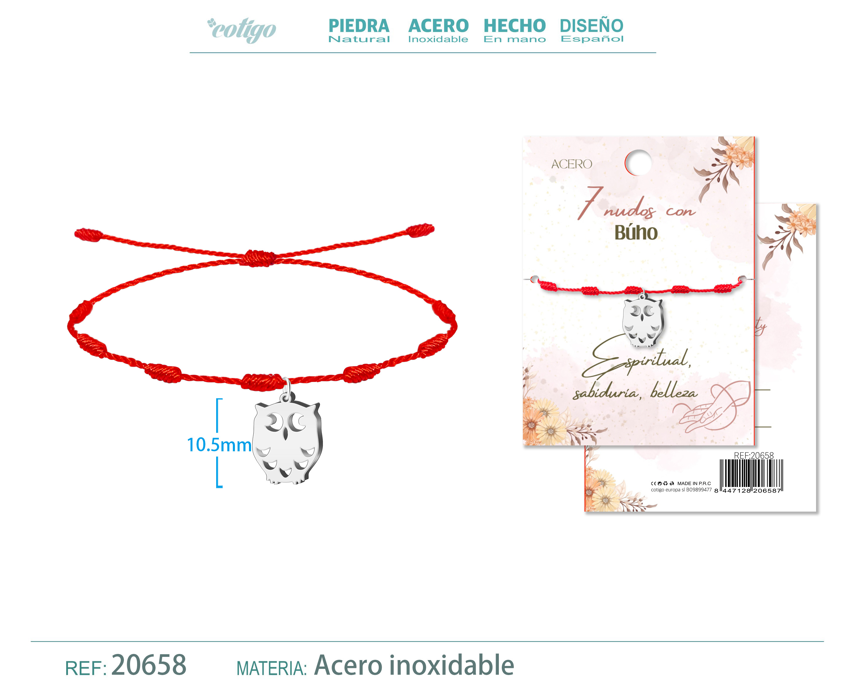 PULSERA 7 NUDOS CON BUHO COLOR PLATEADO