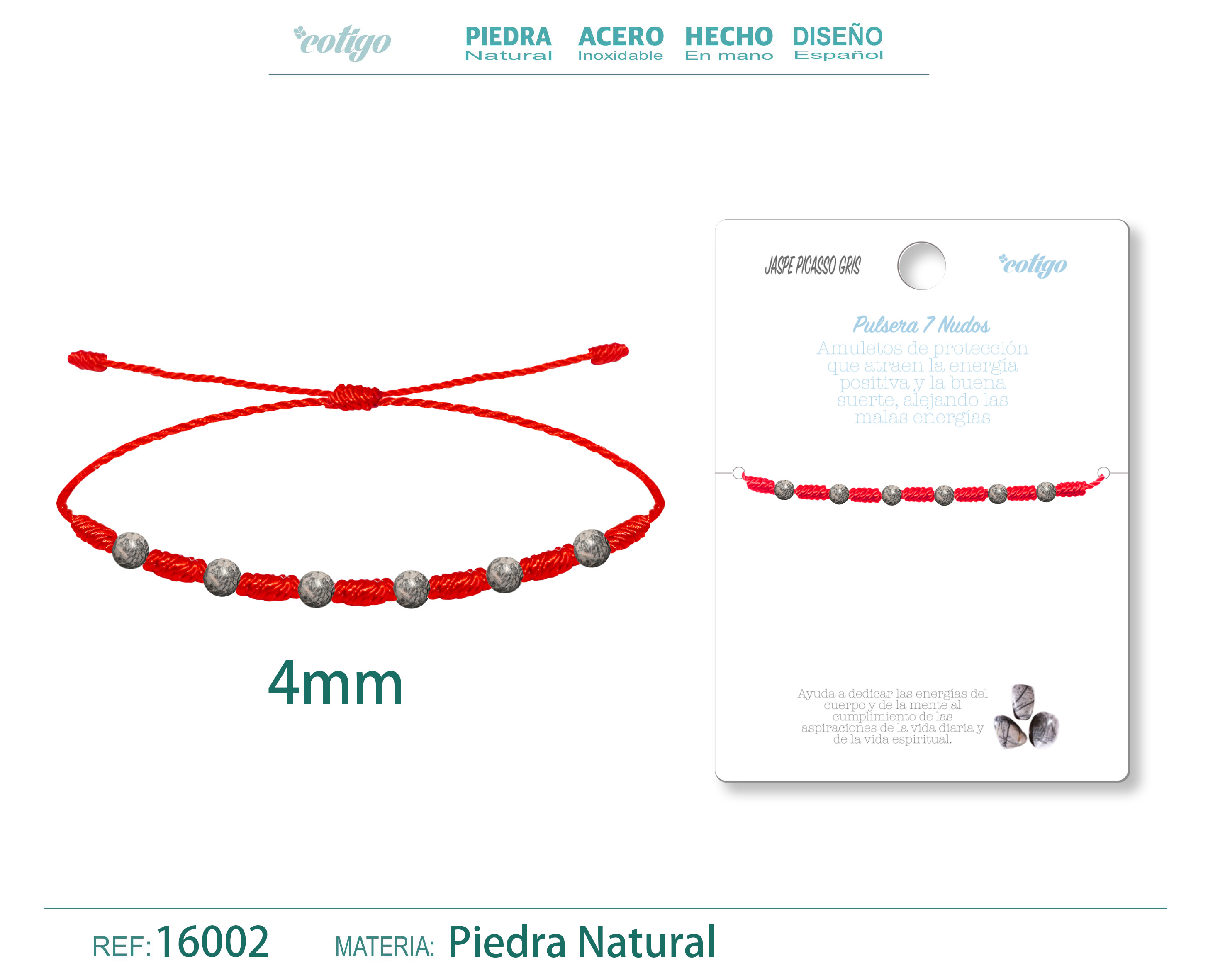 PULSERA 7 NUDOS CON  JASPE PICASSO GRIS 4MM