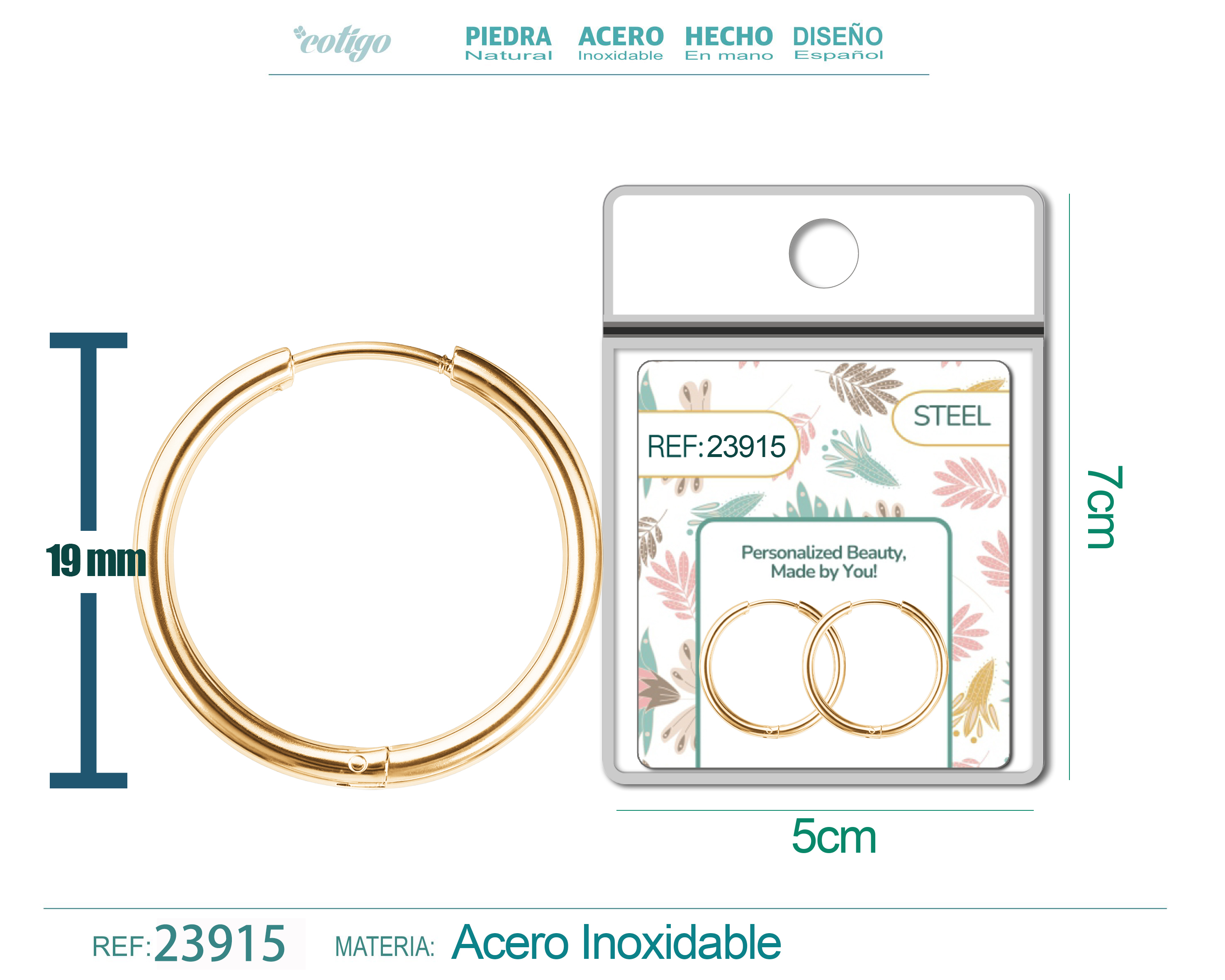 PENDIENTE DE ARO ACERO 16MM COLOR DORADO PARA CHARM
