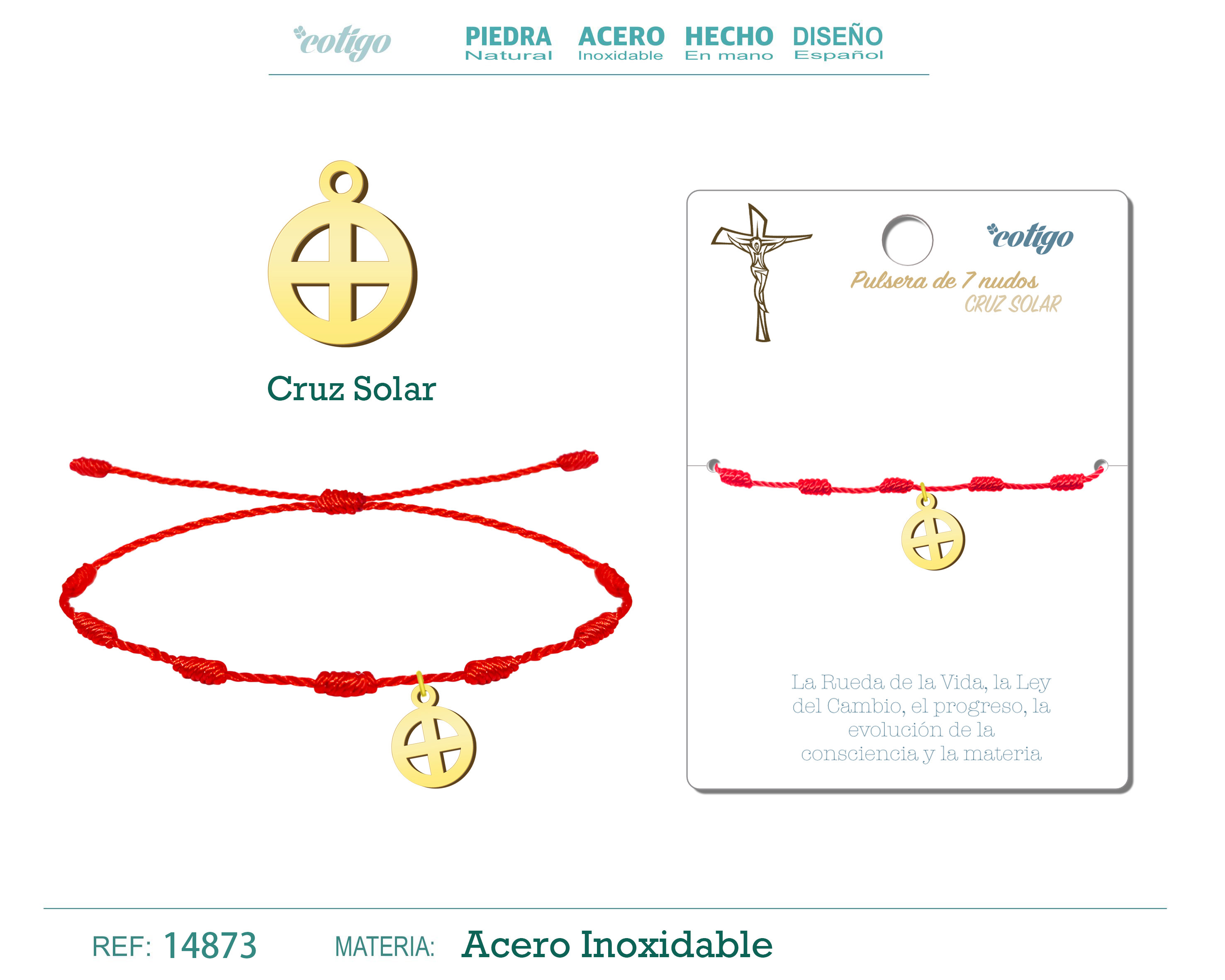 PULSERA 7 NUDOS CON CRUZ SOLAR COLOR DORADO