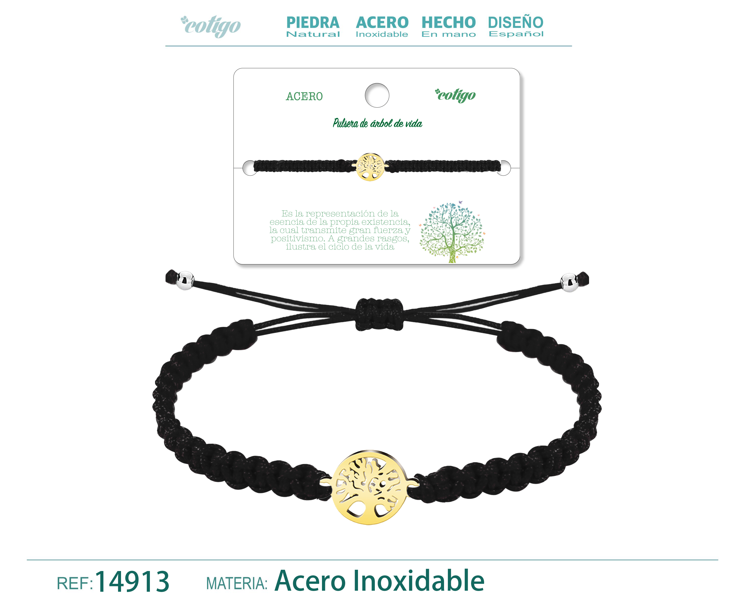PULSERA HILO TRENZADONEGRO-ARBOL DE VIDA DORADO
