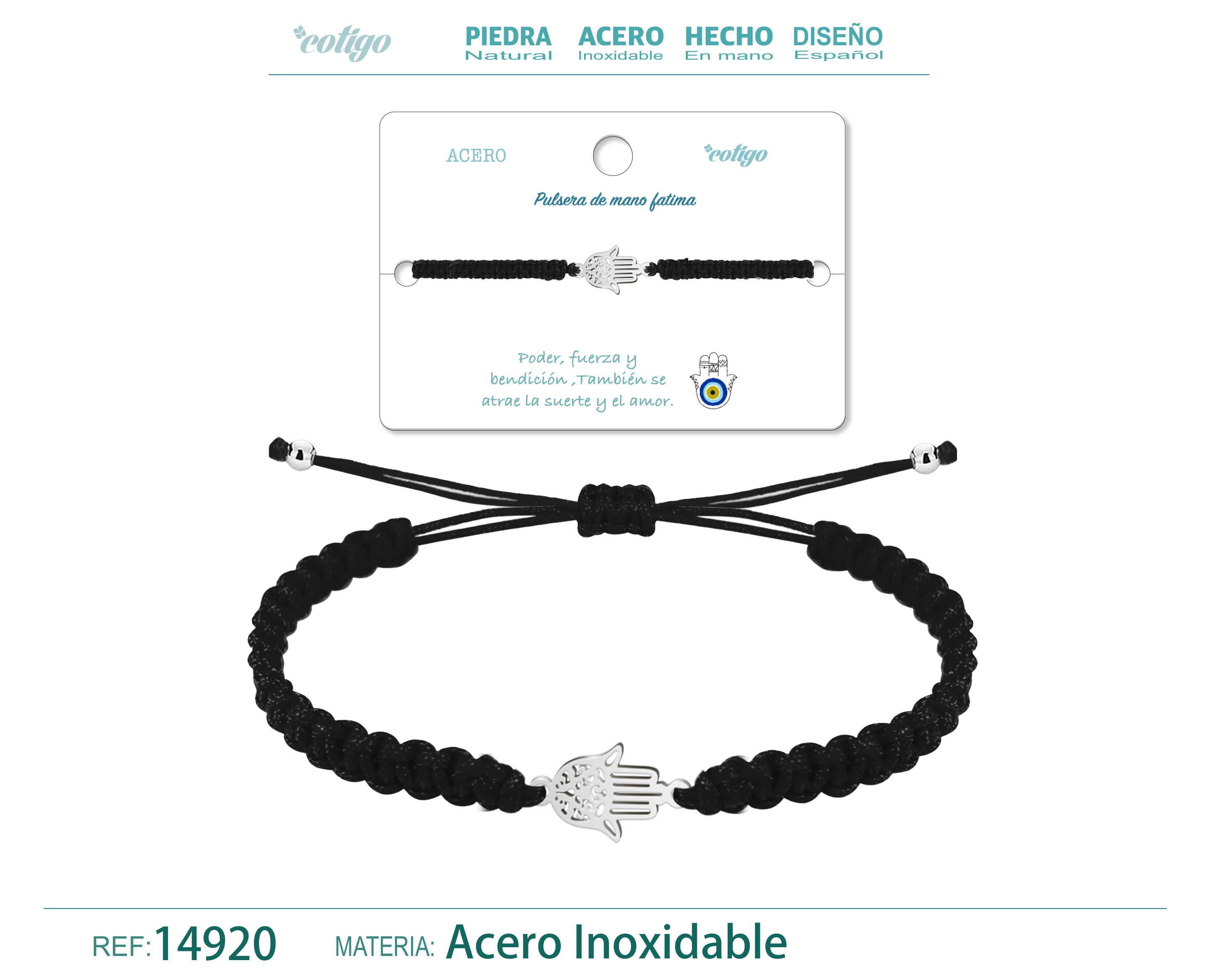PULSERA HILO TRENZADONEGRO-MANO FATIMA PLATEADO