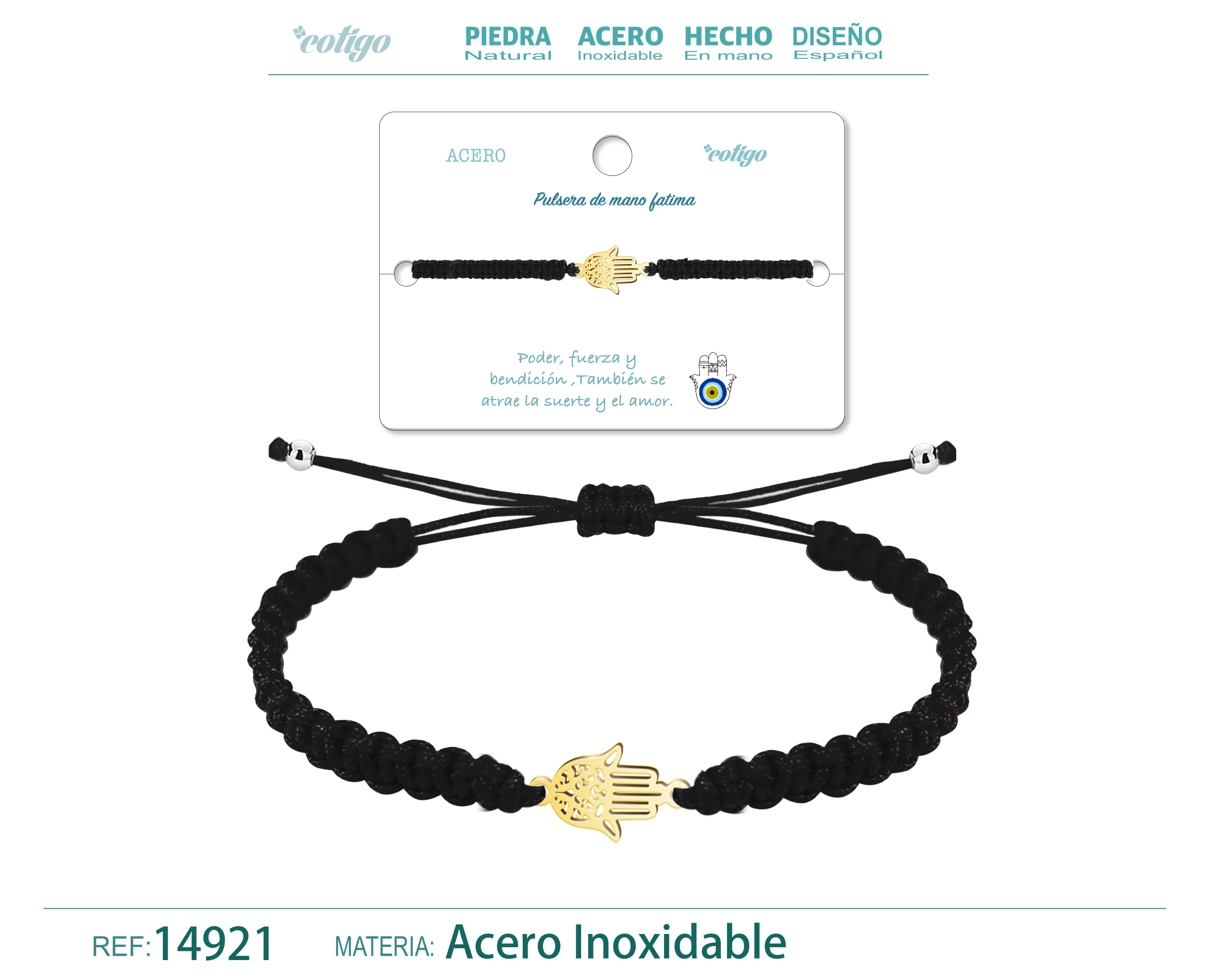 PULSERA HILO TRENZADONEGRO-MANO FATIMA DORADO