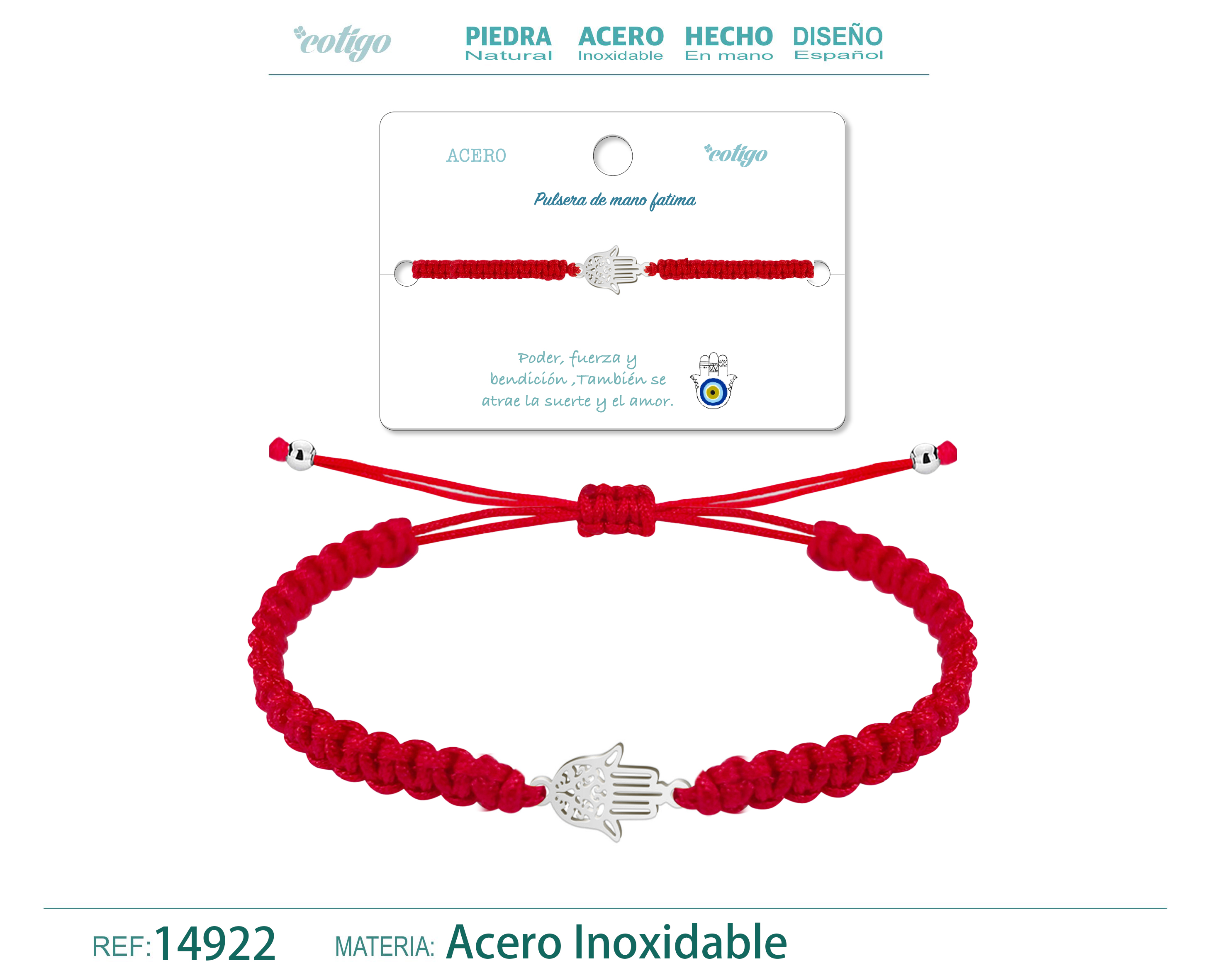 PULSERA HILO TRENZADOROJO-MANO FATIMA PLATEADO