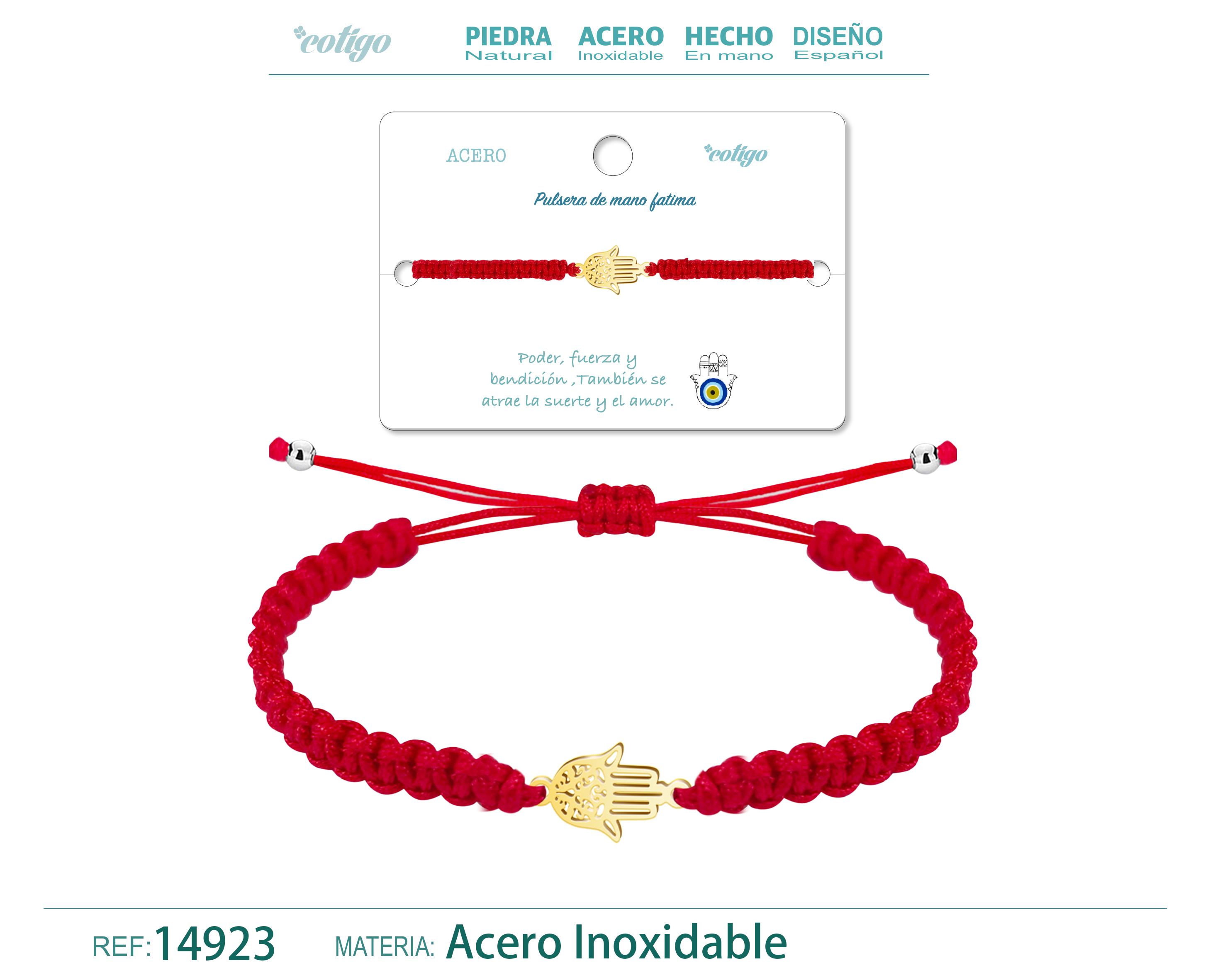 PULSERA HILO TRENZADOROJO-MANO FATIMA DORADO