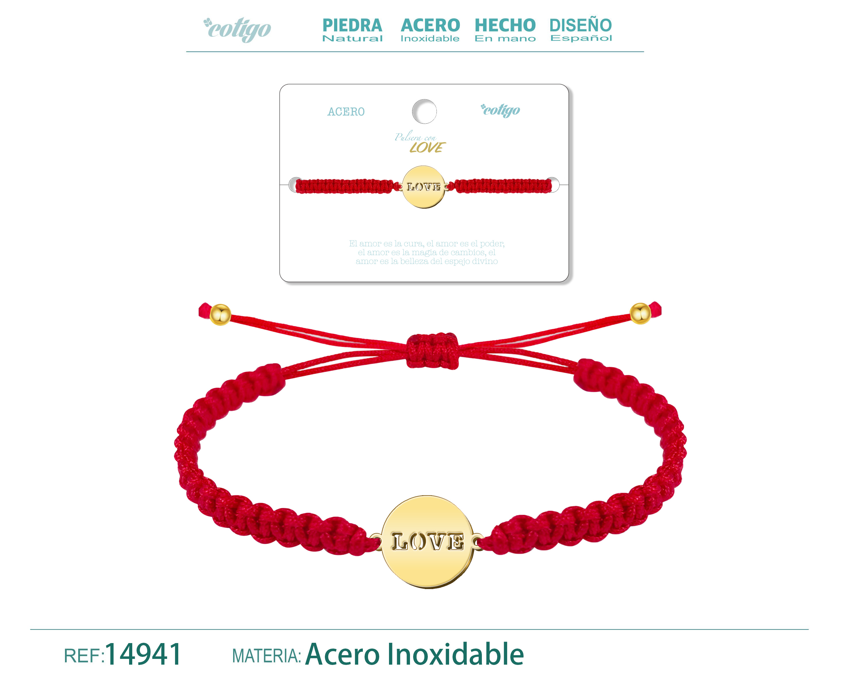 PULSERA HILO DESTINO  CON LOVE ACERO DORADO