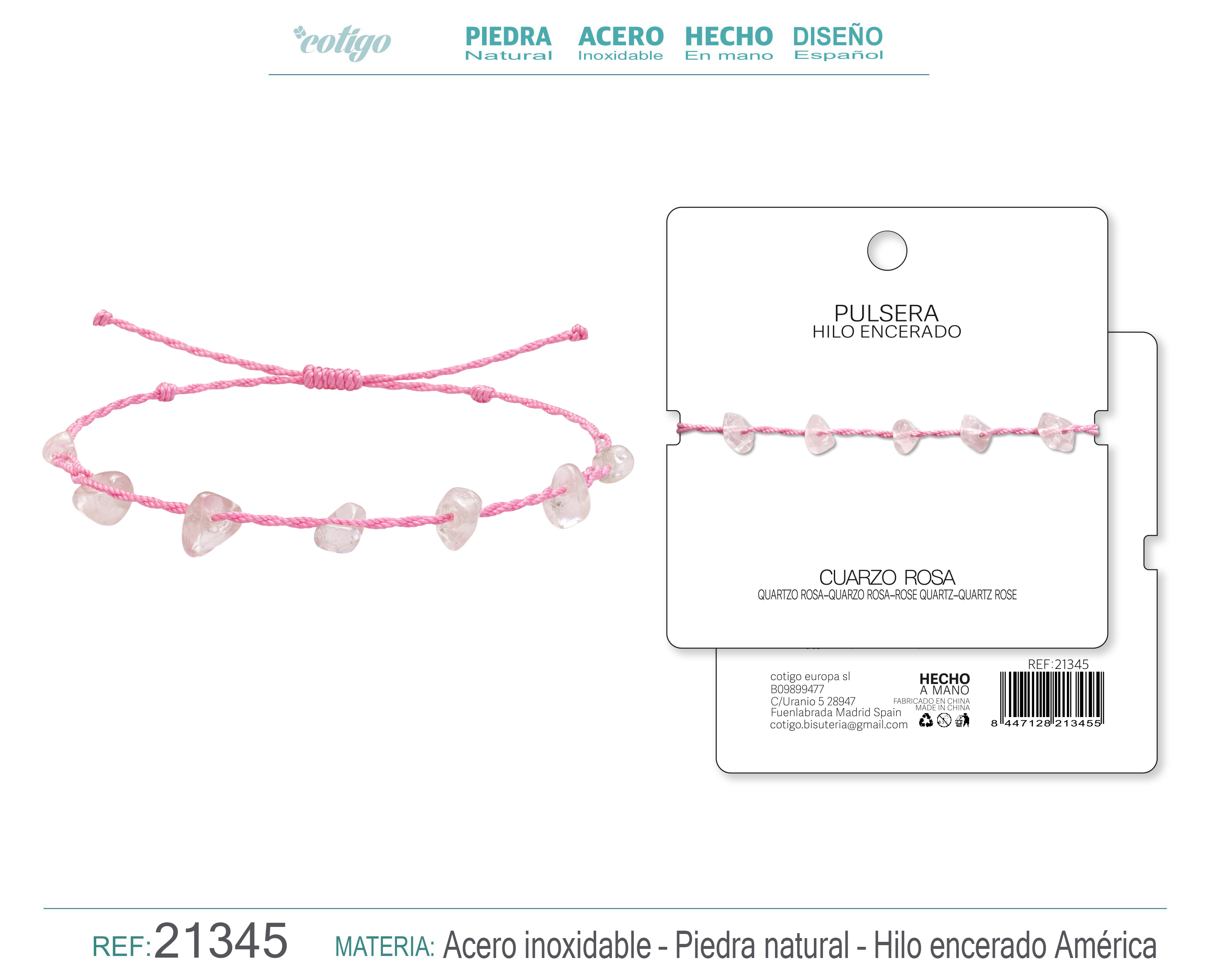PULSERA HILO ENCERADO CON CUARZO ROSA