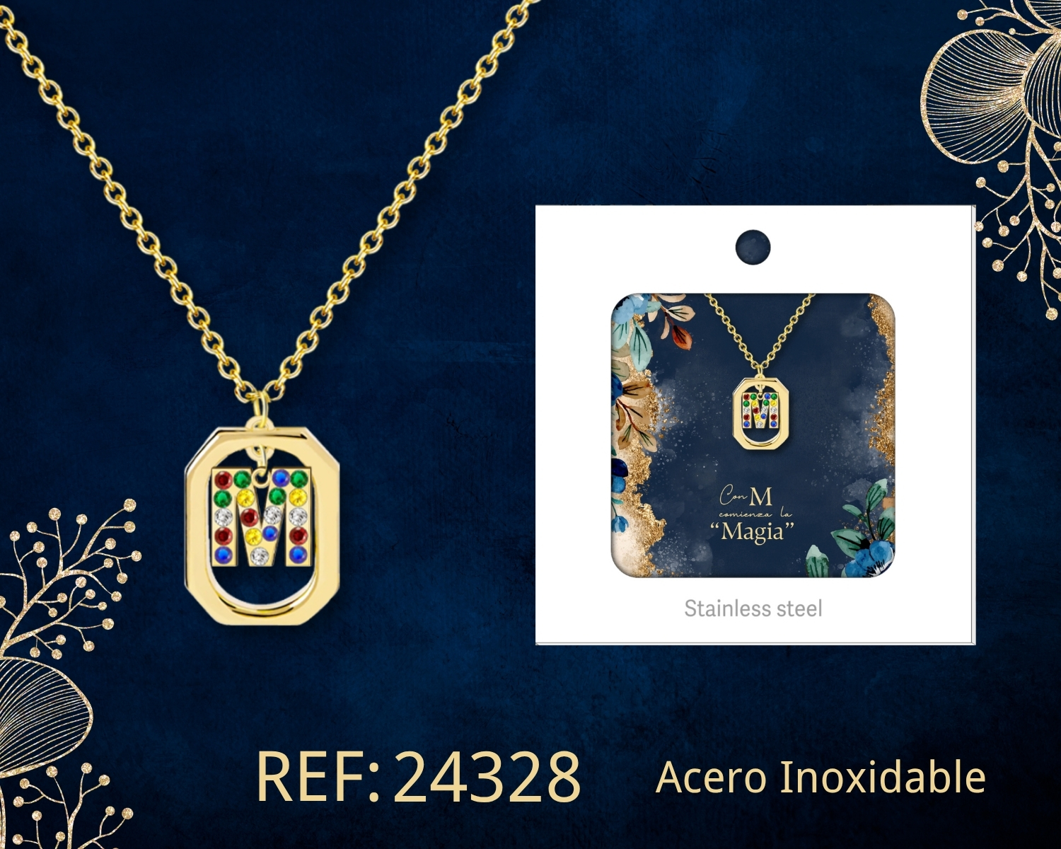 COLLAR INICIAL LETRA M ACERO CON SOBRE
