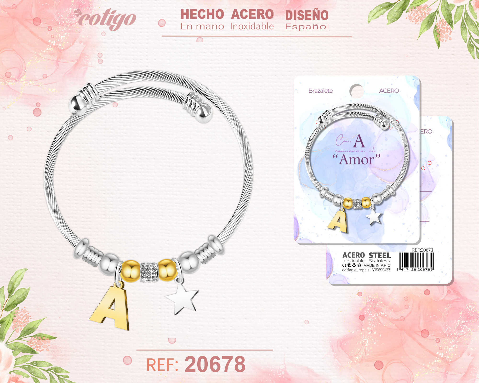 BRAZALETE ACERO CON LETRA A