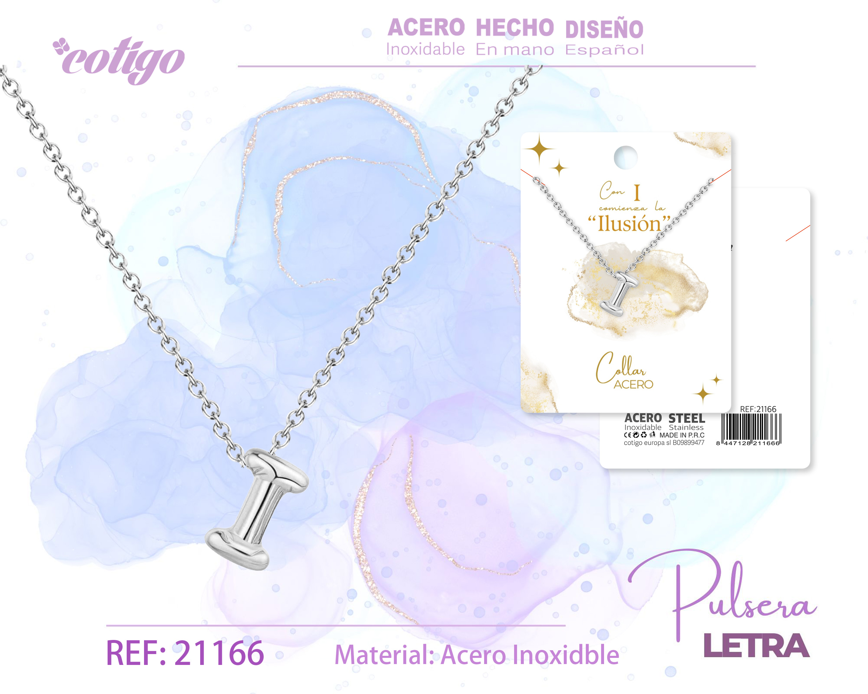 COLLAR LETRA I ACERO PLATEADO