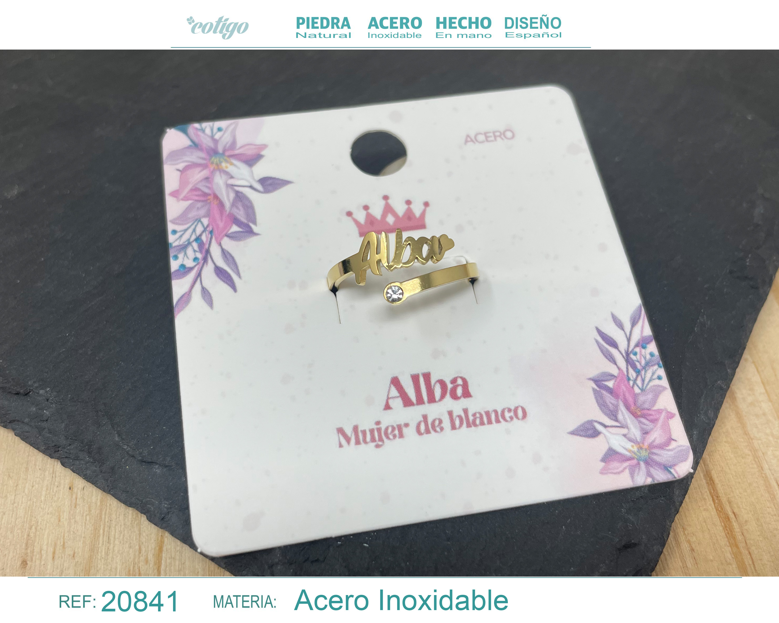 ANILLO NOMBRE ALBA ACERO COLOR DORADO