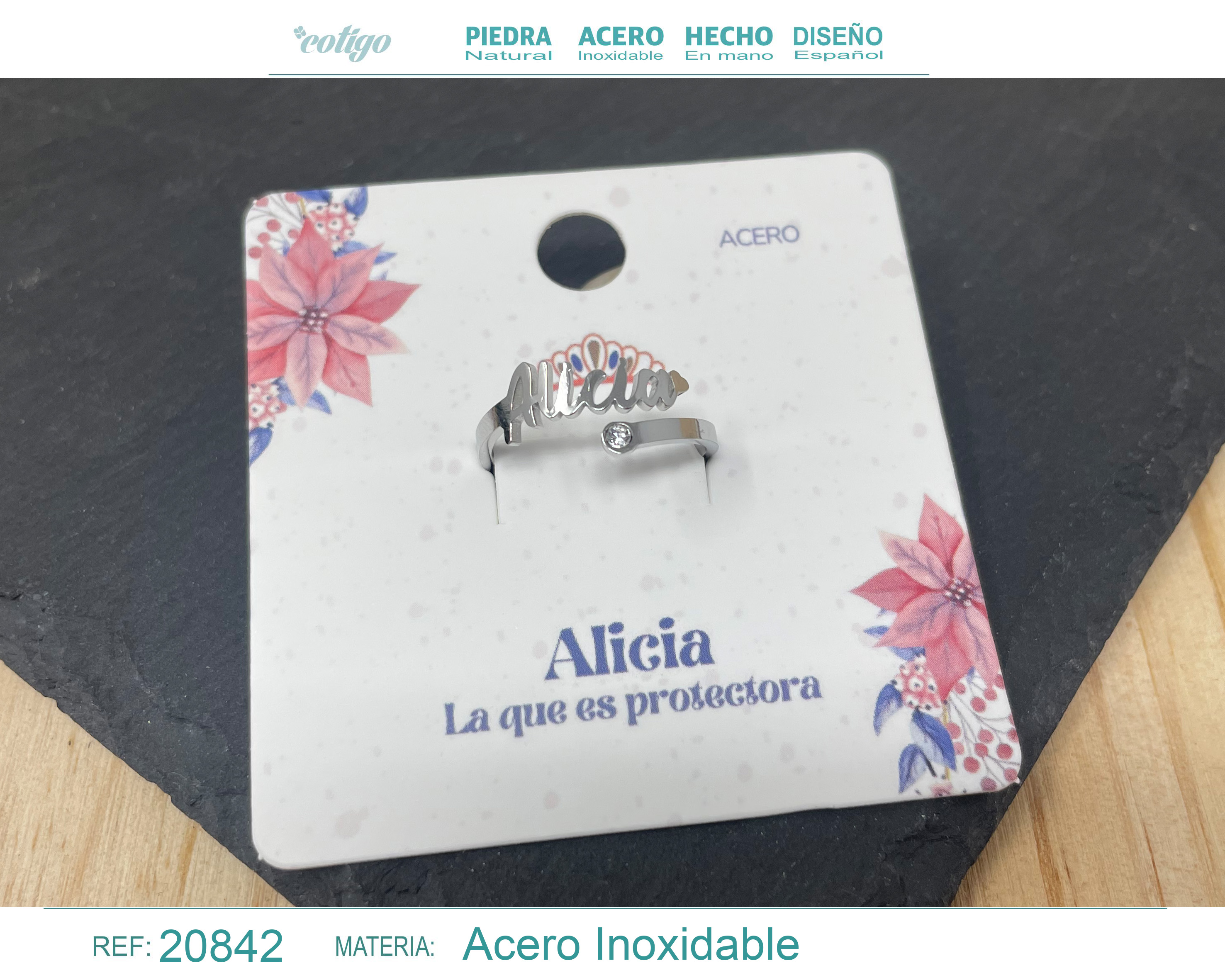 ANILLO NOMBRE ALICIA ACERO COLOR PLATEADO
