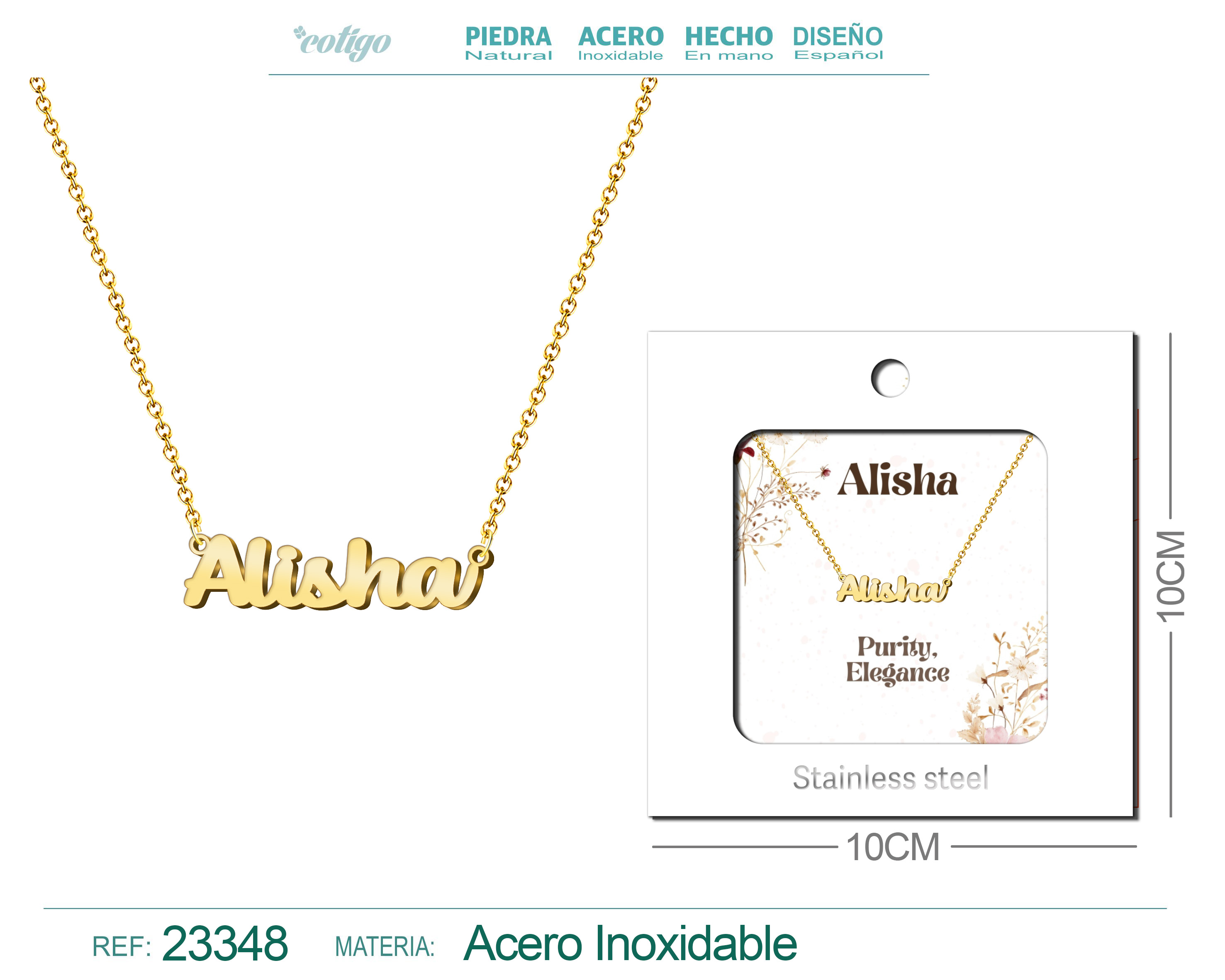 COLLAR NOMBRE INGLES ALISHA ACERO CON SOBRE