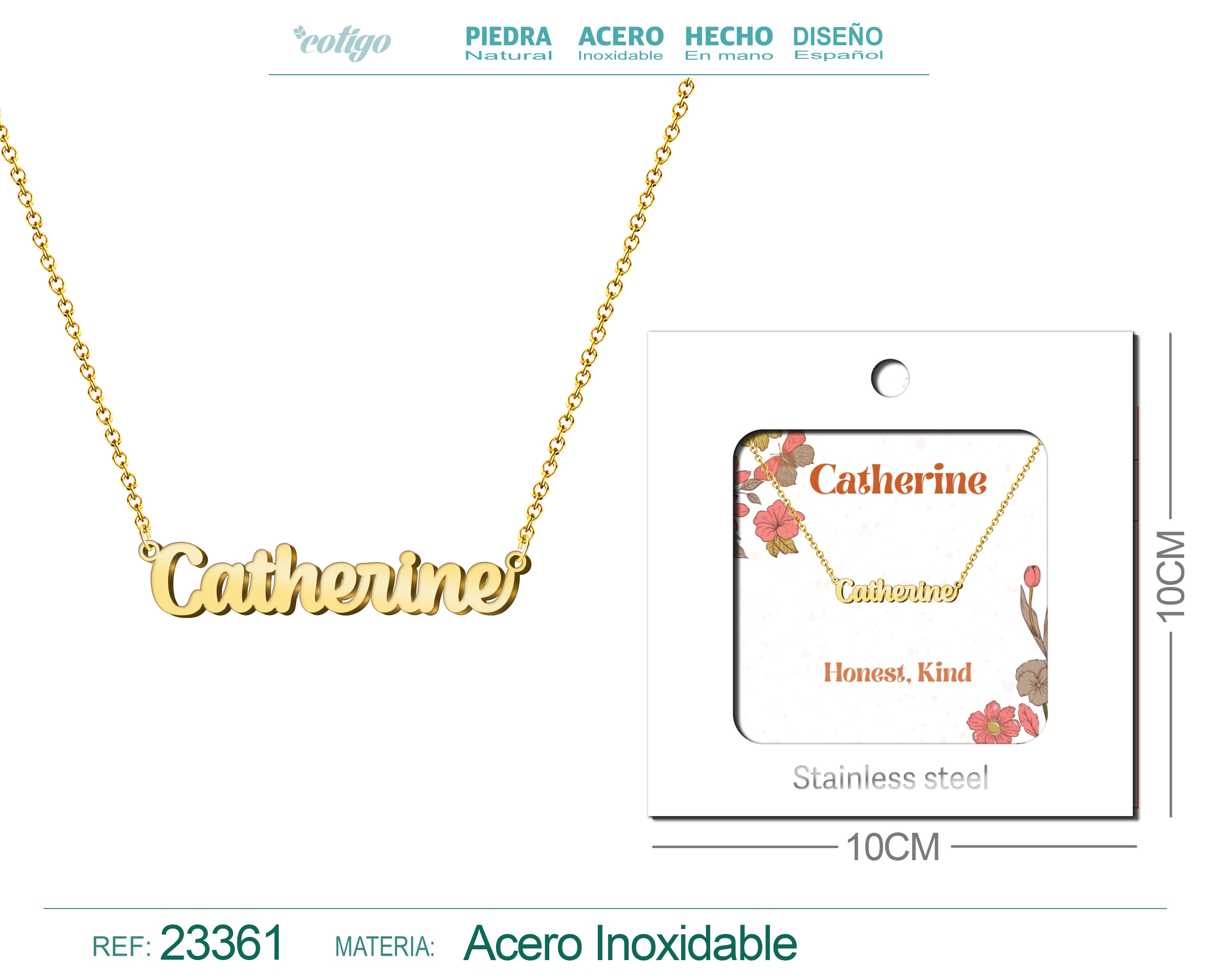 COLLAR NOMBRE INGLES CATHERINE ACERO CON SOBRE