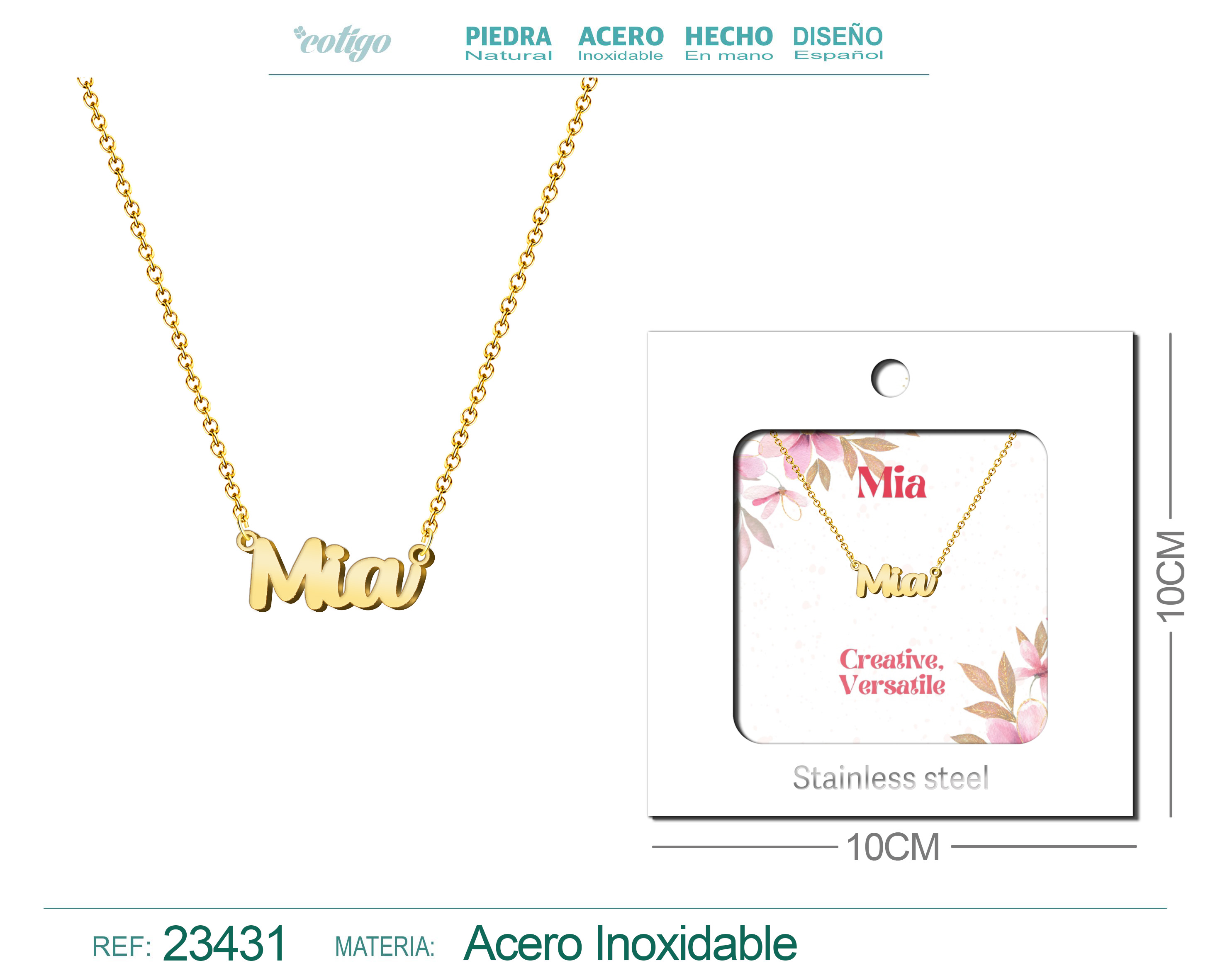 COLLAR NOMBRE INGLES MIA ACERO CON SOBRE
