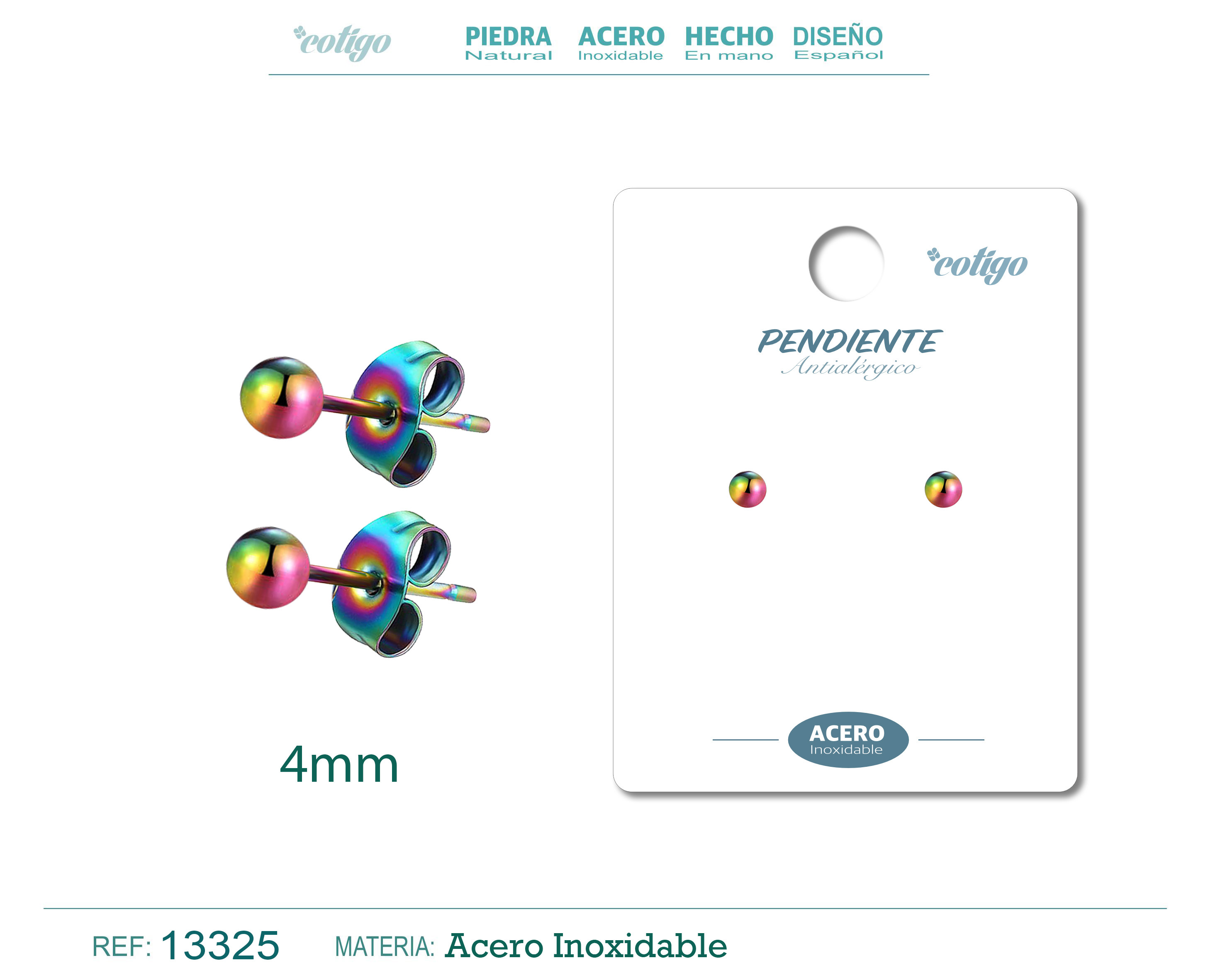 PENDIENTE BOLA 4MM ACERO MULTICOLOR
