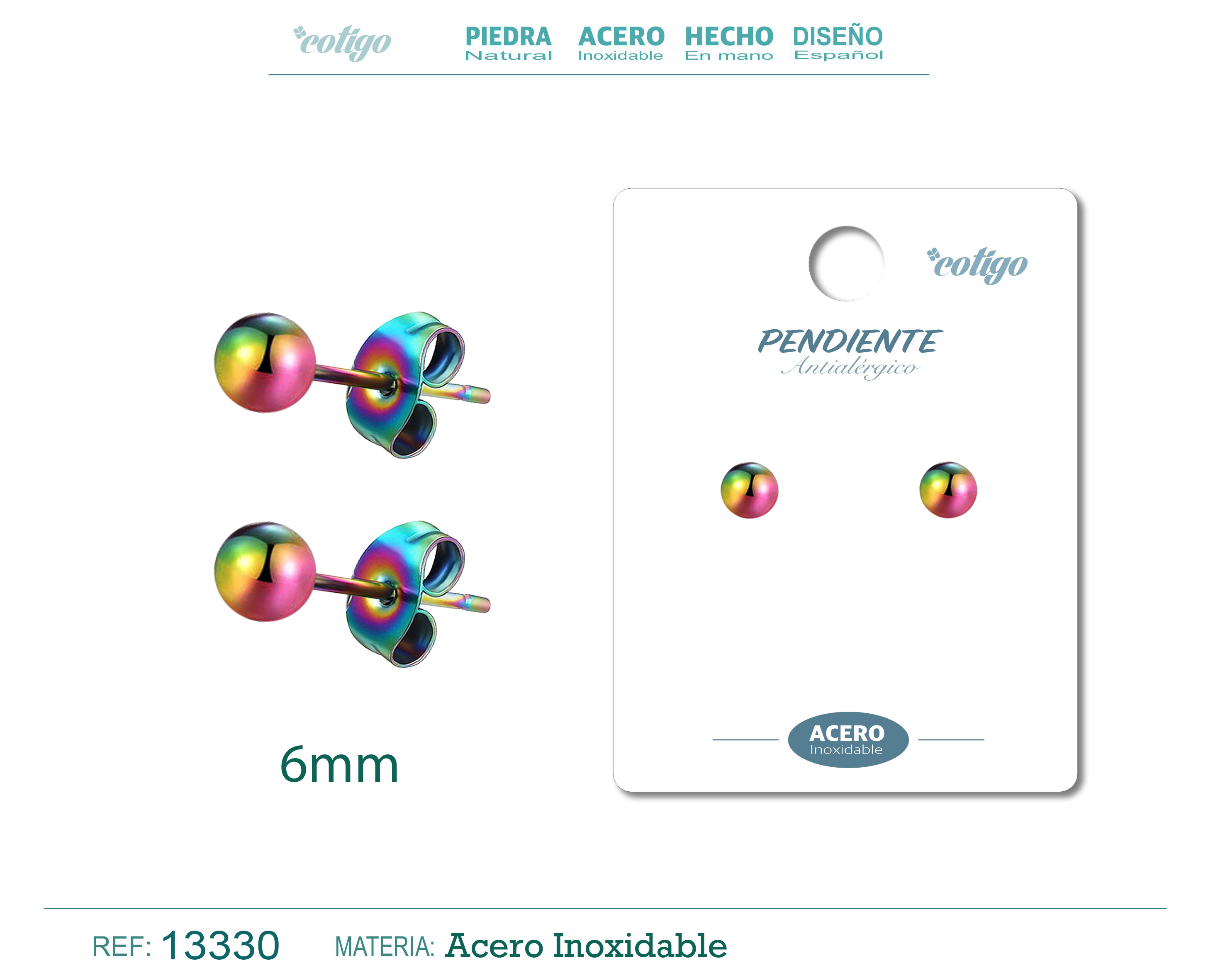PENDIENTE BOLA 6MM ACERO MULTICOLOR