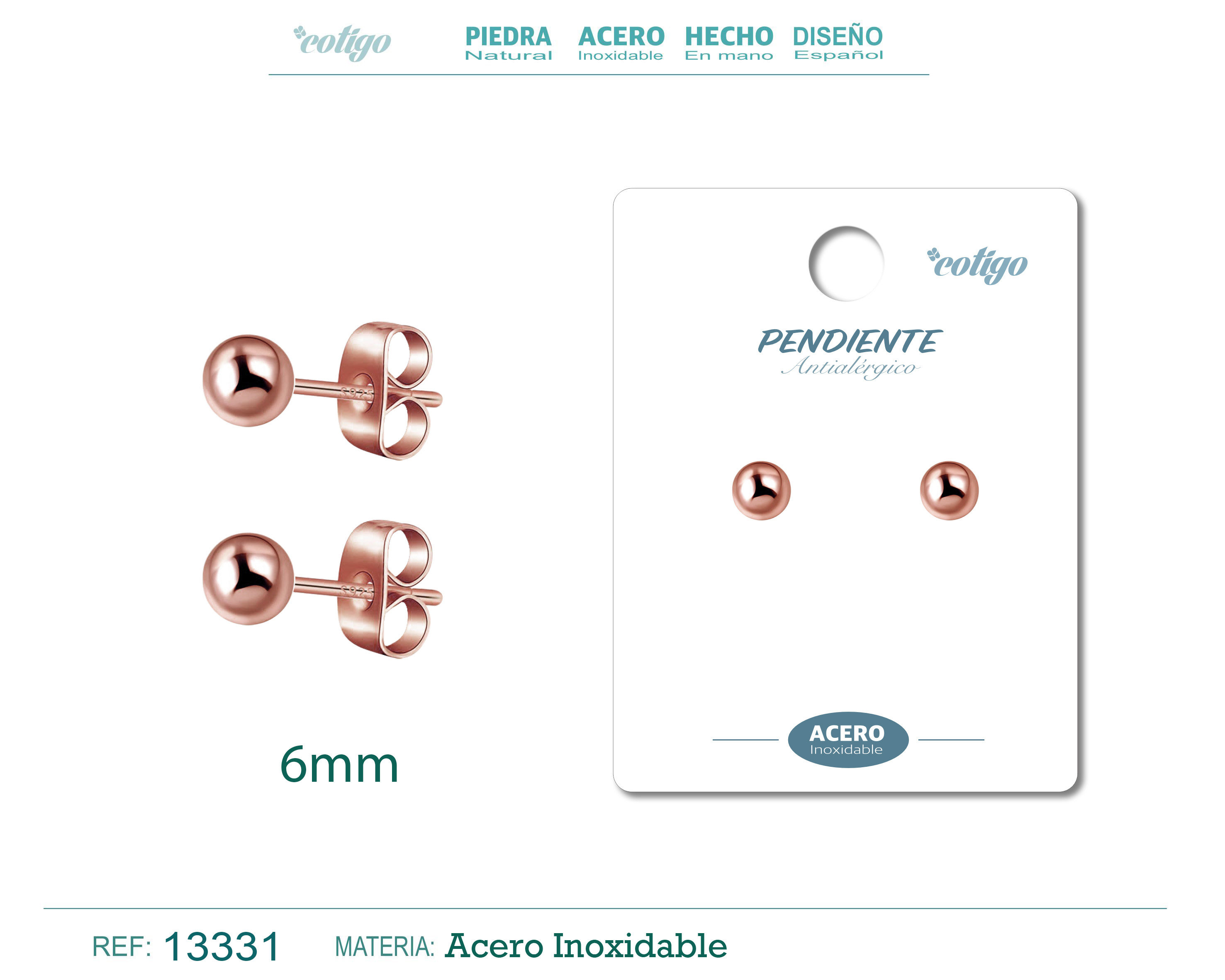 PENDIENTE BOLA 6MM ACERO ROSA