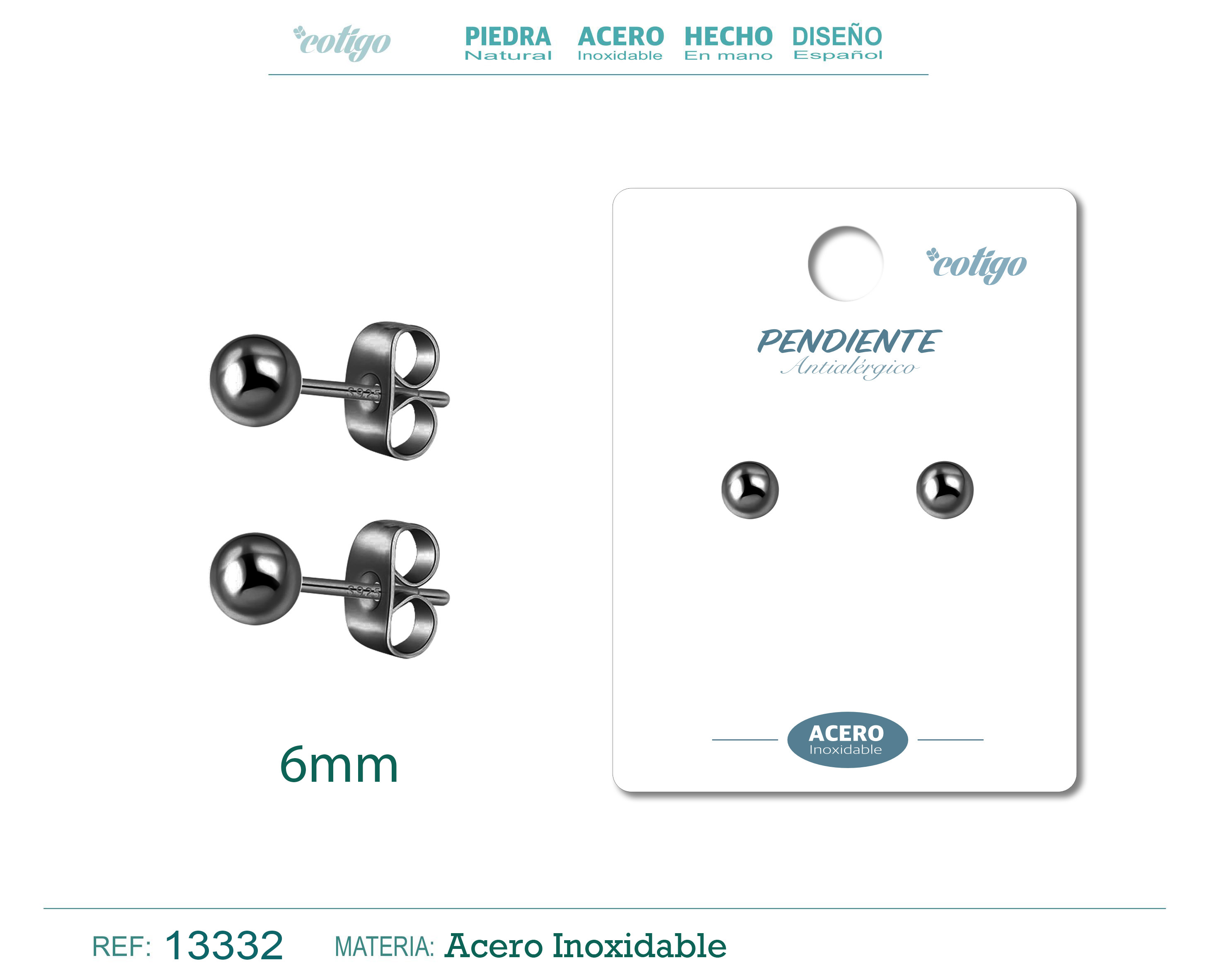 PENDIENTE BOLA 6MM ACERO NEGRO